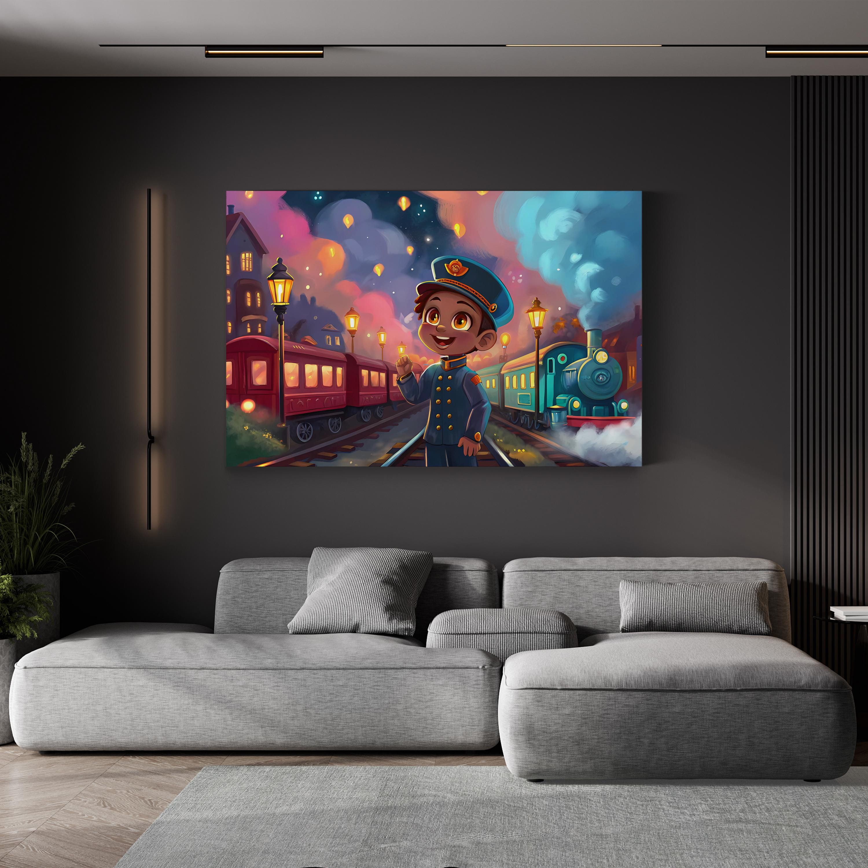 Retro Futuristic Train – Period Illustration Wall Art | Starry Night Railway Canvas Print