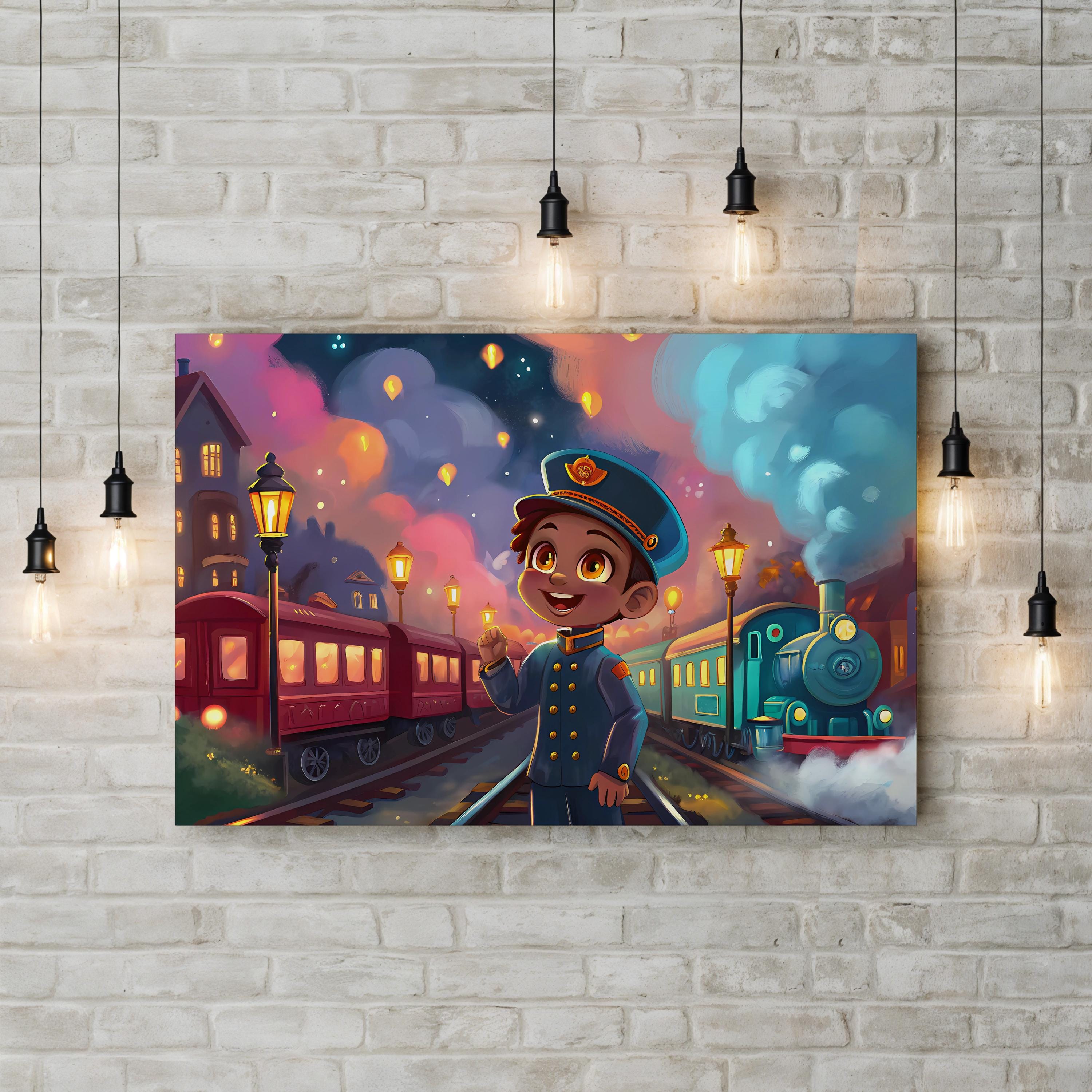 Retro Futuristic Train – Period Illustration Wall Art | Starry Night Railway Canvas Print