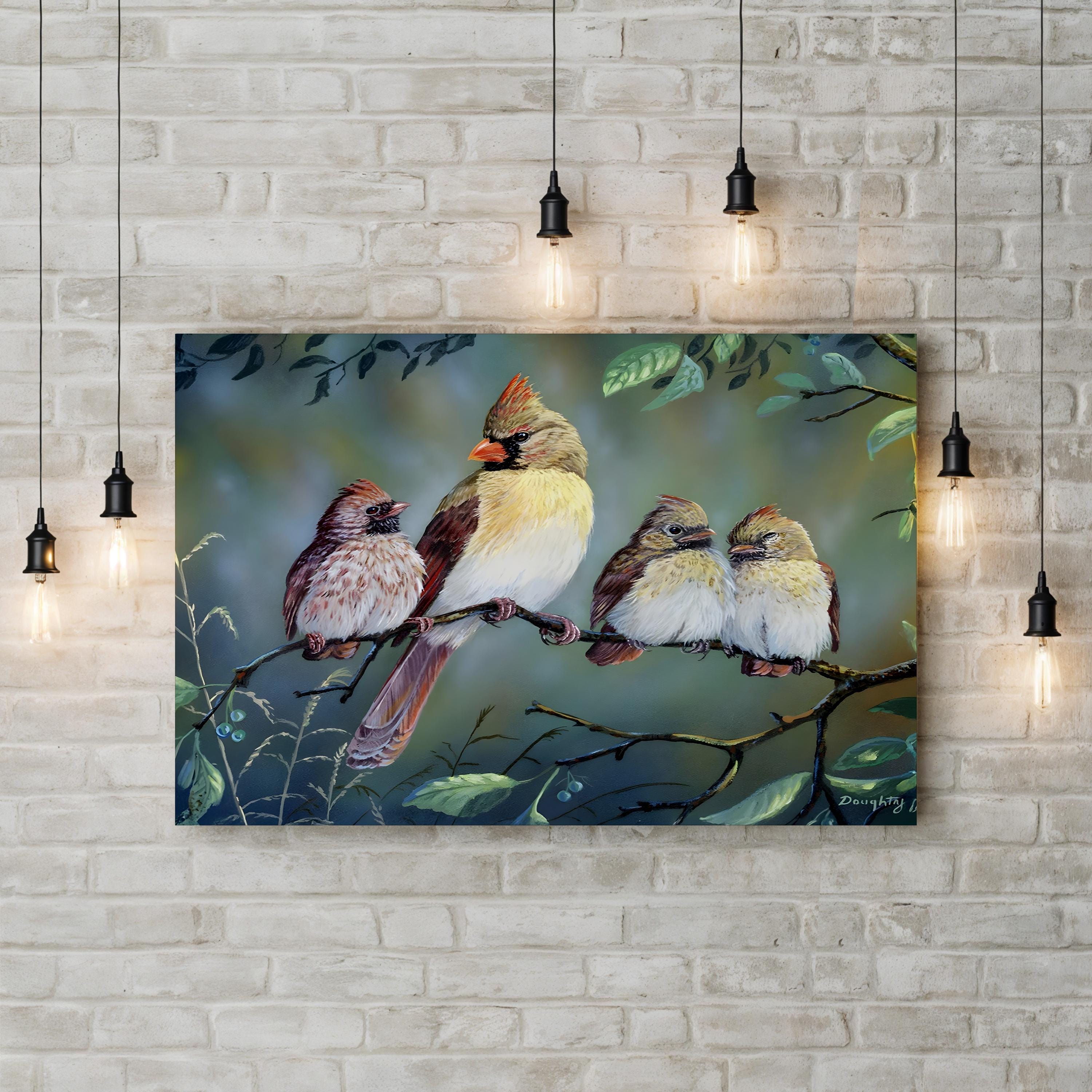 In Trouble Again Wall Art by Terry Doughty – Vintage Cardinal Bird Family Wildlife Canvas