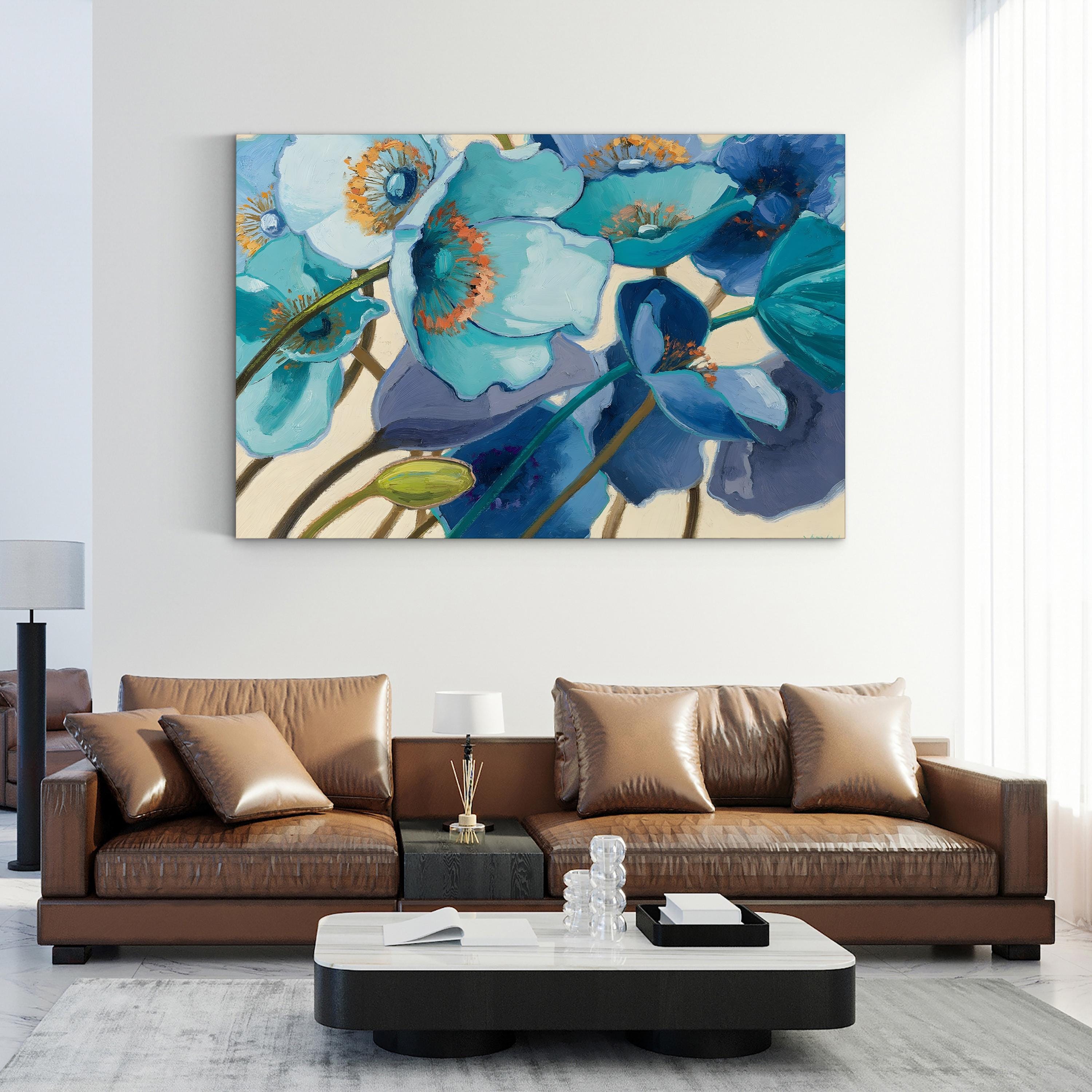 Le Pavots Bleu Wall Art by Shirley Novak | Contemporary Abstract Blue Poppy Floral Canvas Print