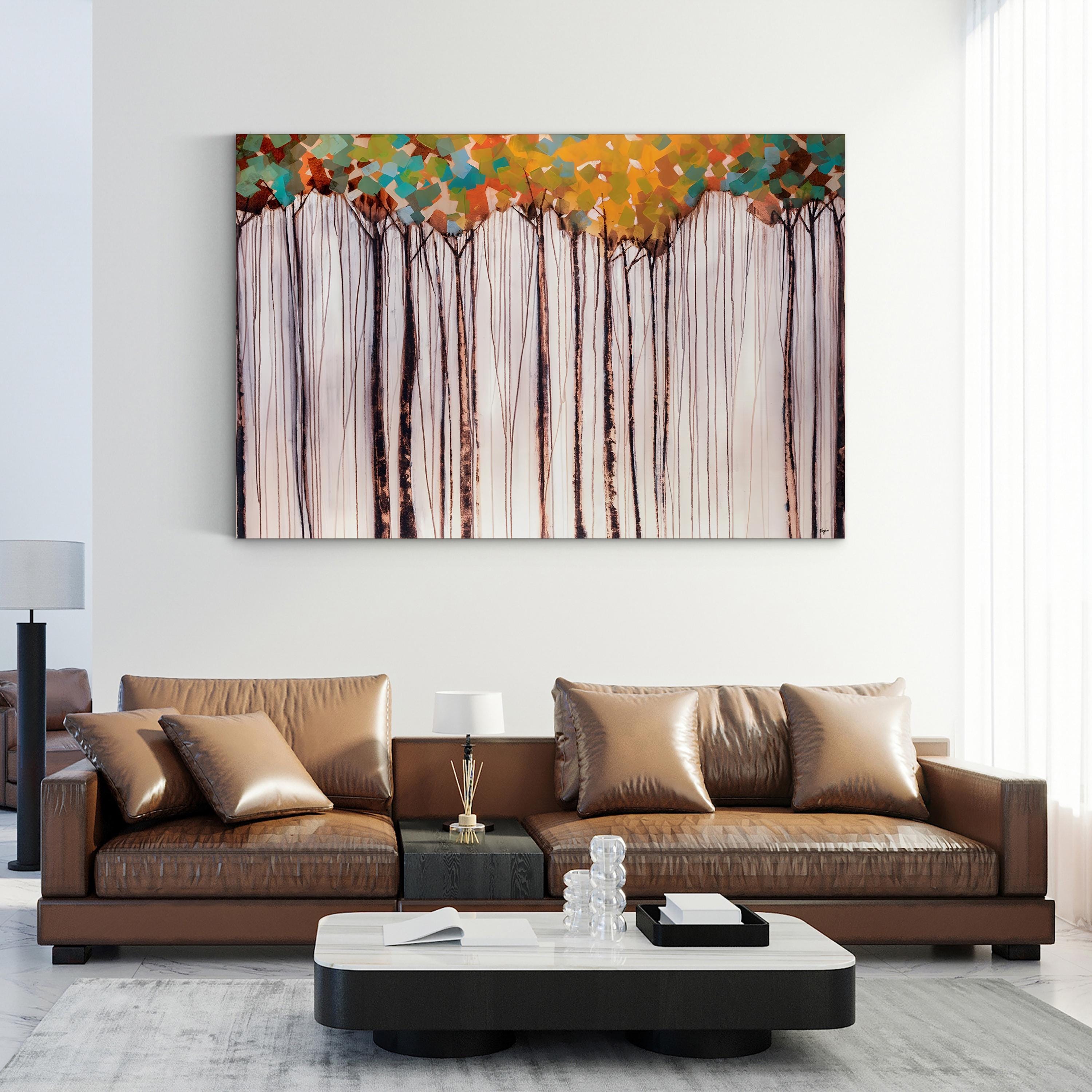 Modern living room with a brown leather sofa and abstract wall art.