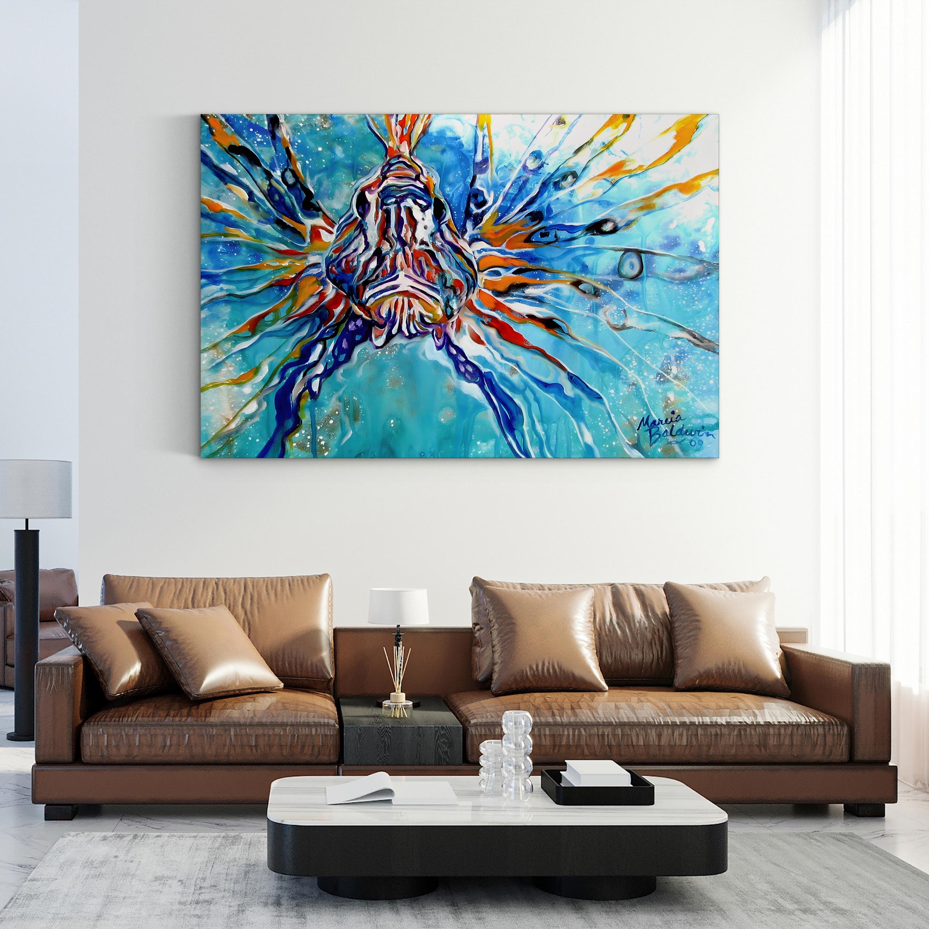 Lion Fish Blue Wall Art by Marcia Baldwin – Contemporary Abstract Tropical Fish Canvas