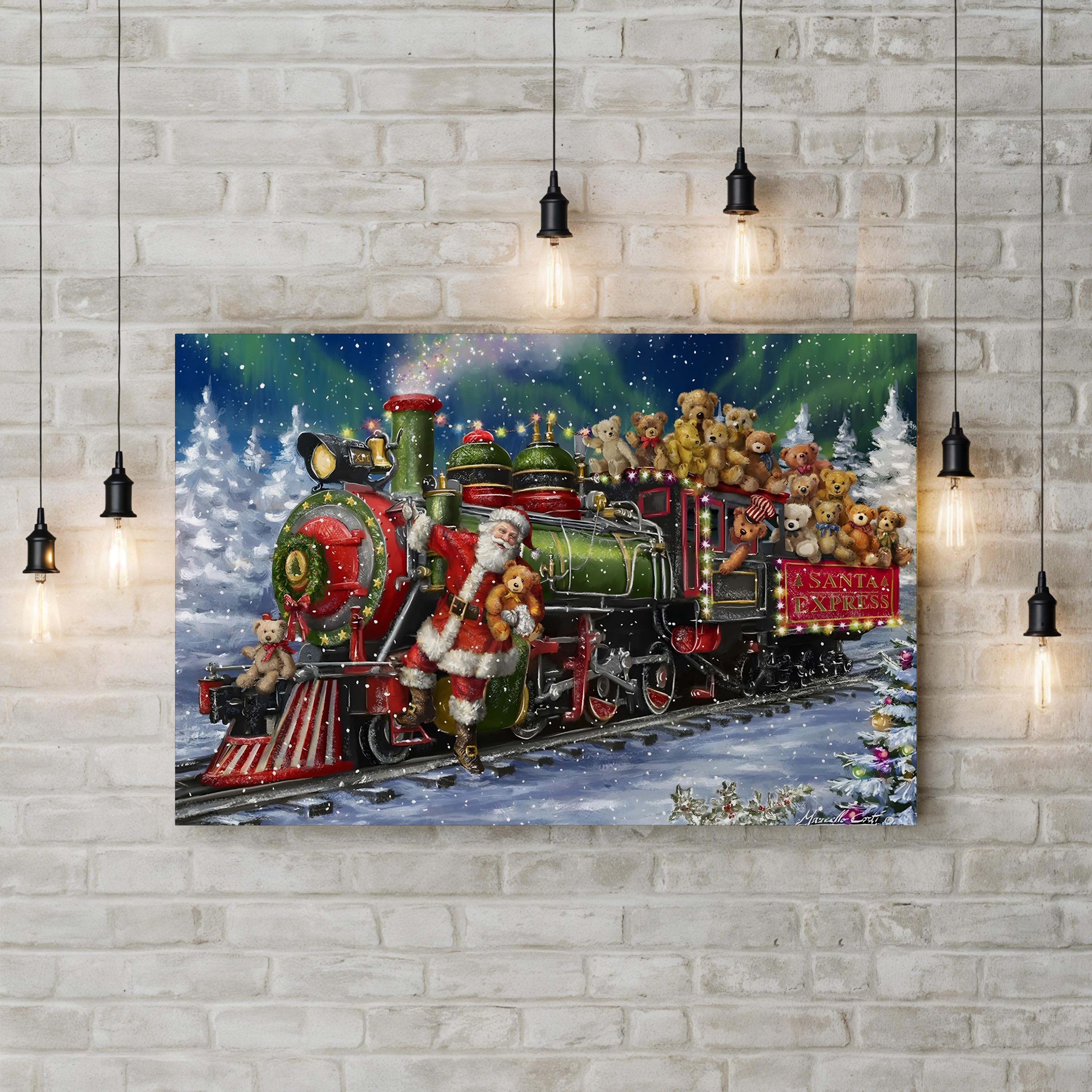 Santa Green / Red Train with Toy Bears Wall Art by Marcello Corti – Festive Christmas Illustration Canvas