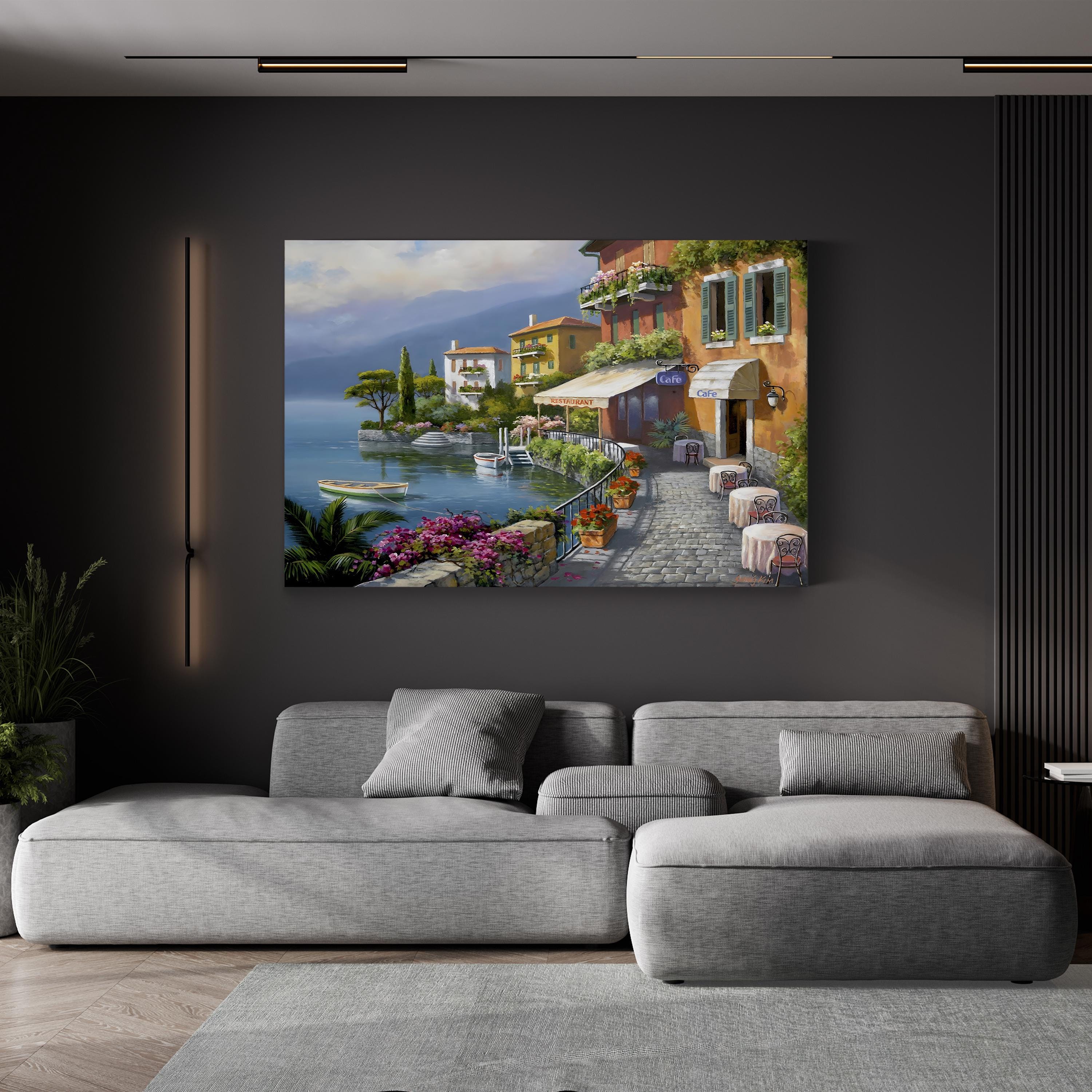 Seaside Bistro Café Wall Art by Sung Kim – Contemporary European Coastal Village Canvas