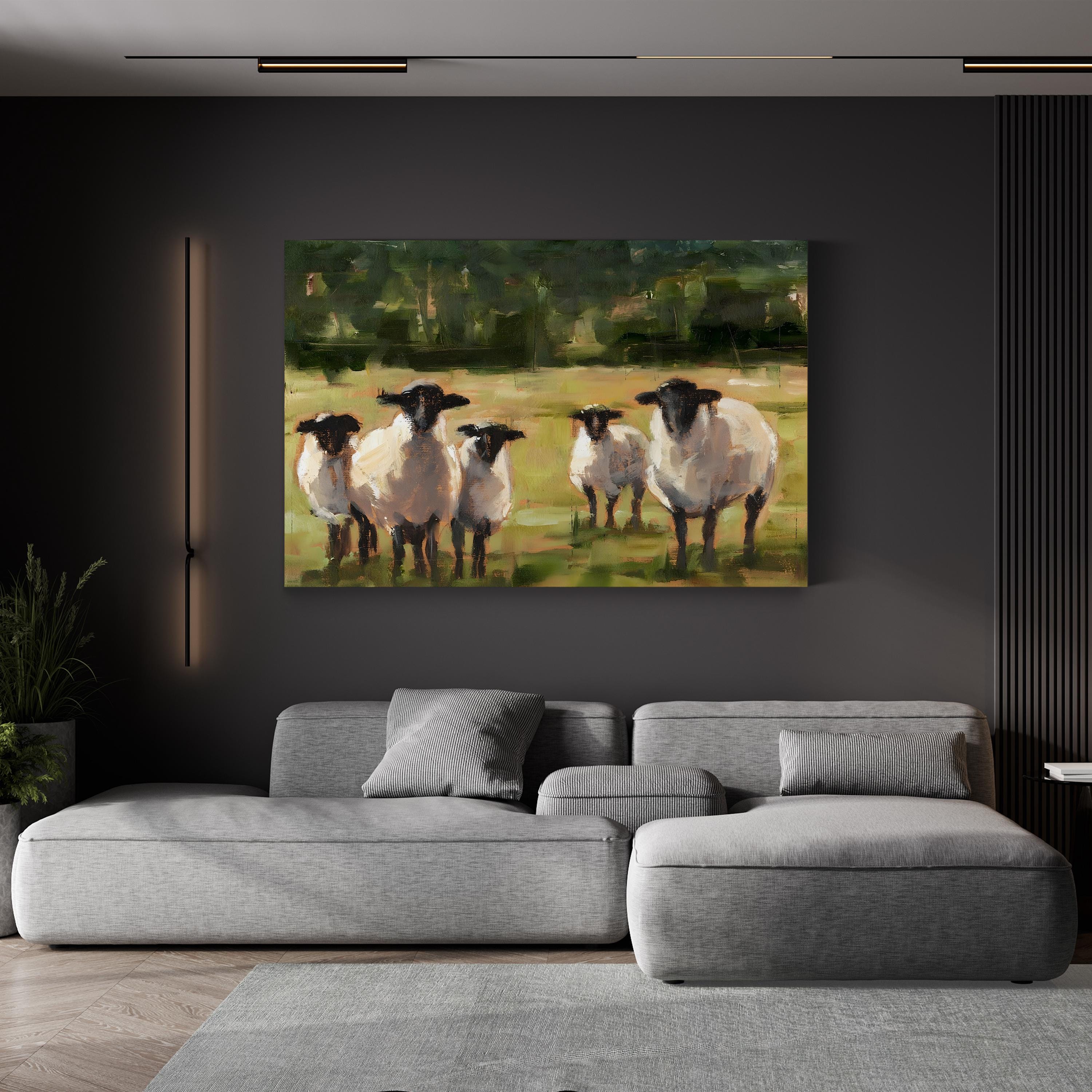 Sheep Family I Wall Art by Ethan Harper – Neutral Wildlife Farm Landscape Canvas Print