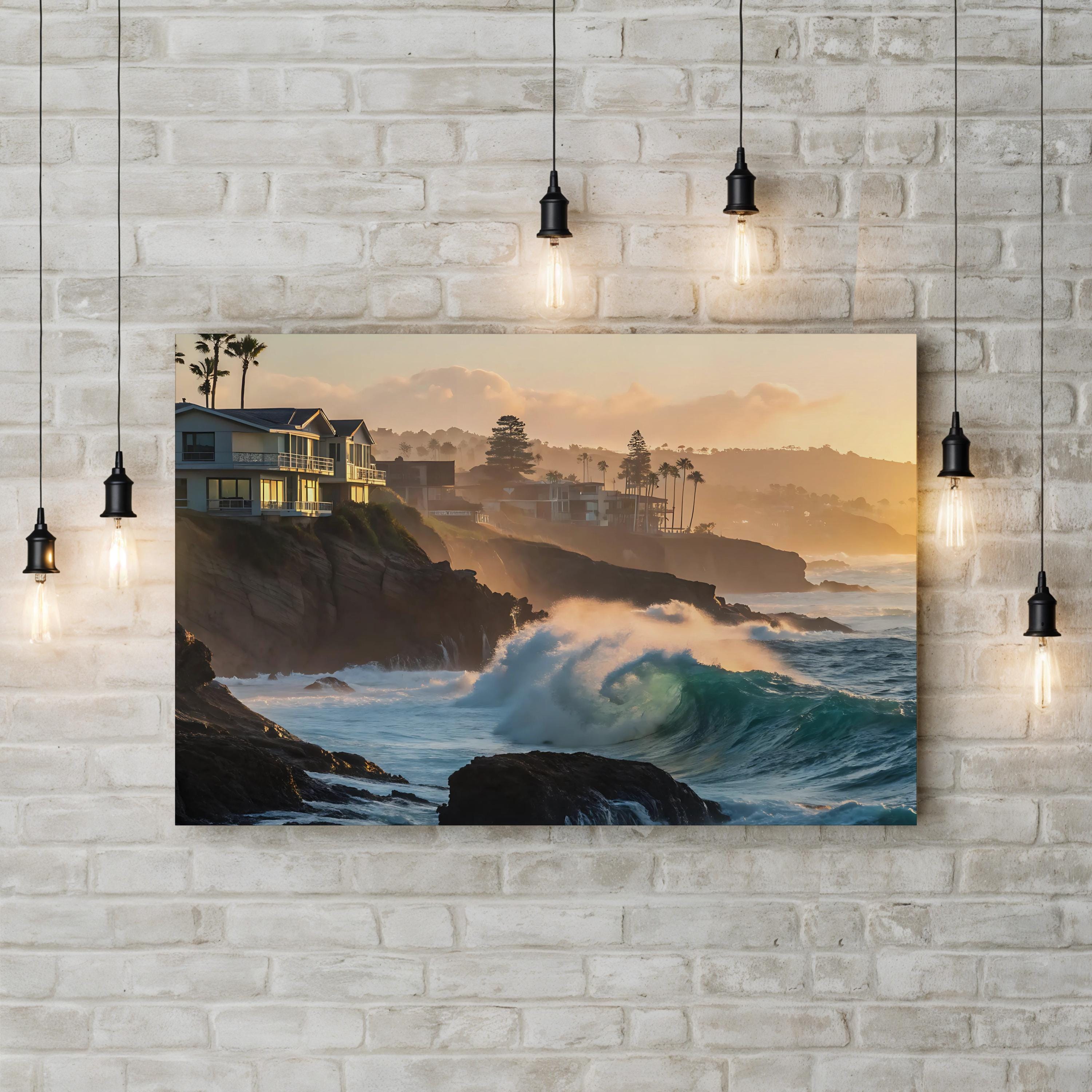 Ocean Waves Breaking Along Rugged Shoreline Canvas Art