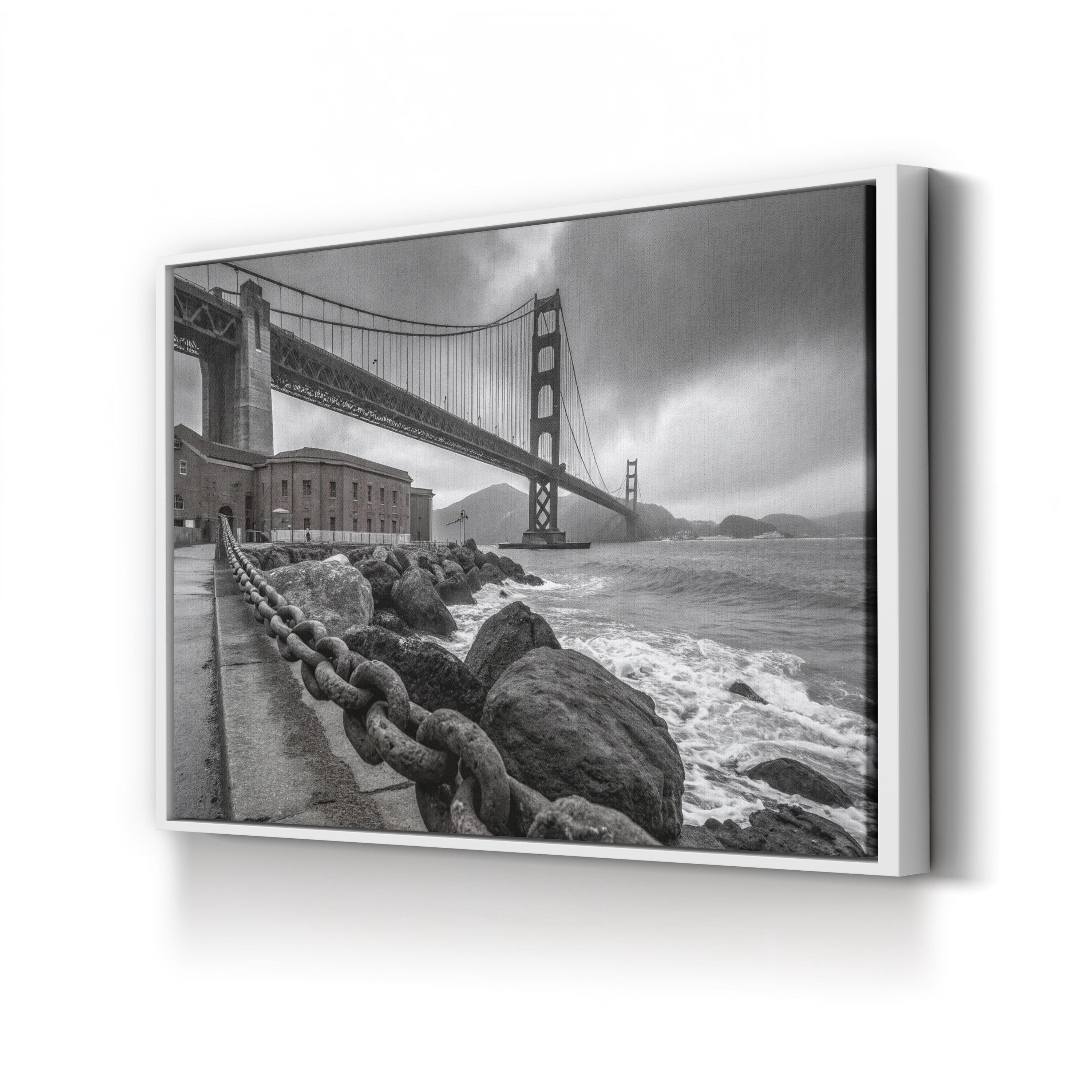 Black & White Suspension Bridge – Vintage Photography Wall Art | Coastal Architectural Canvas Print