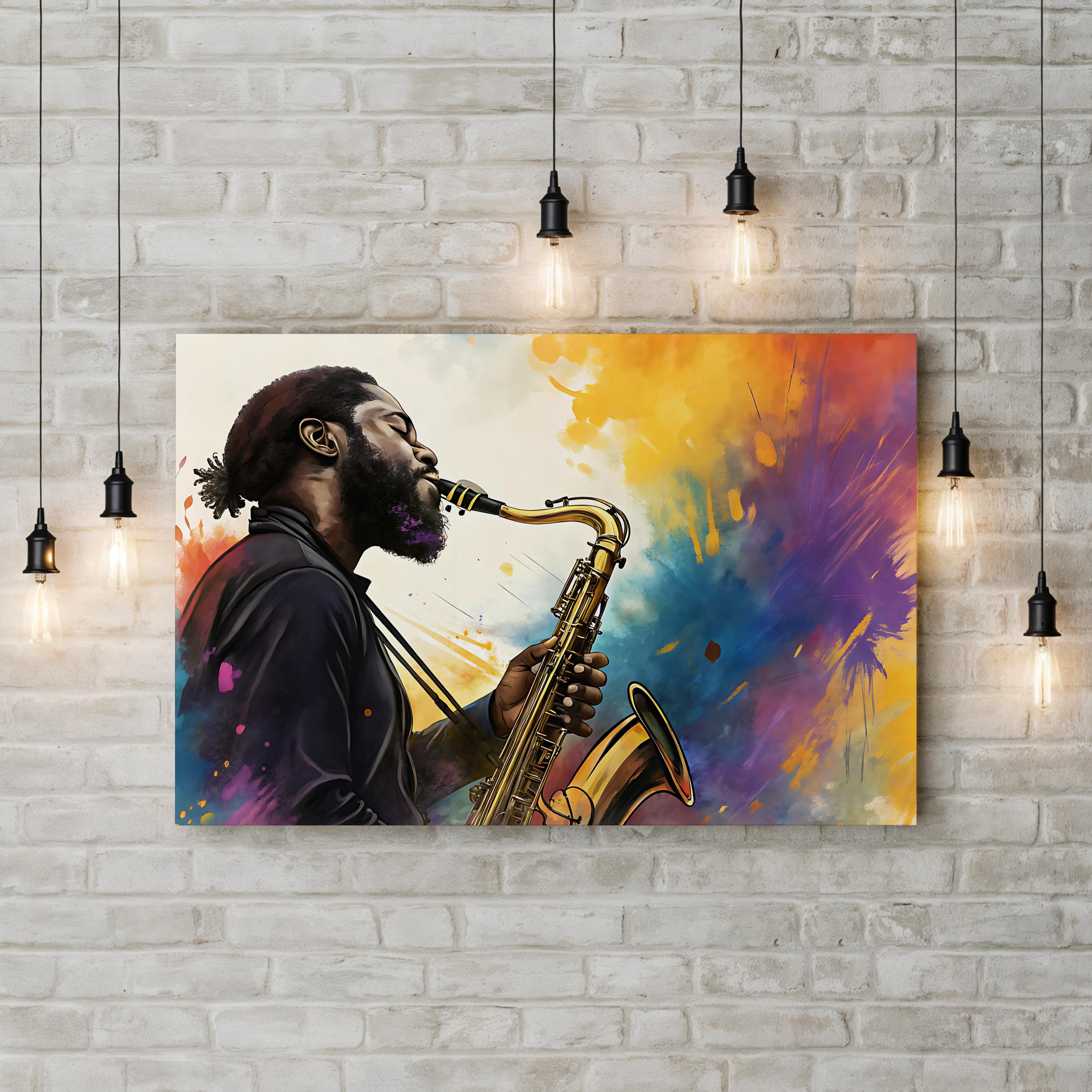 Jazz Saxophonist Color Splash – Period Illustration Wall Art | Abstract Music Canvas Print