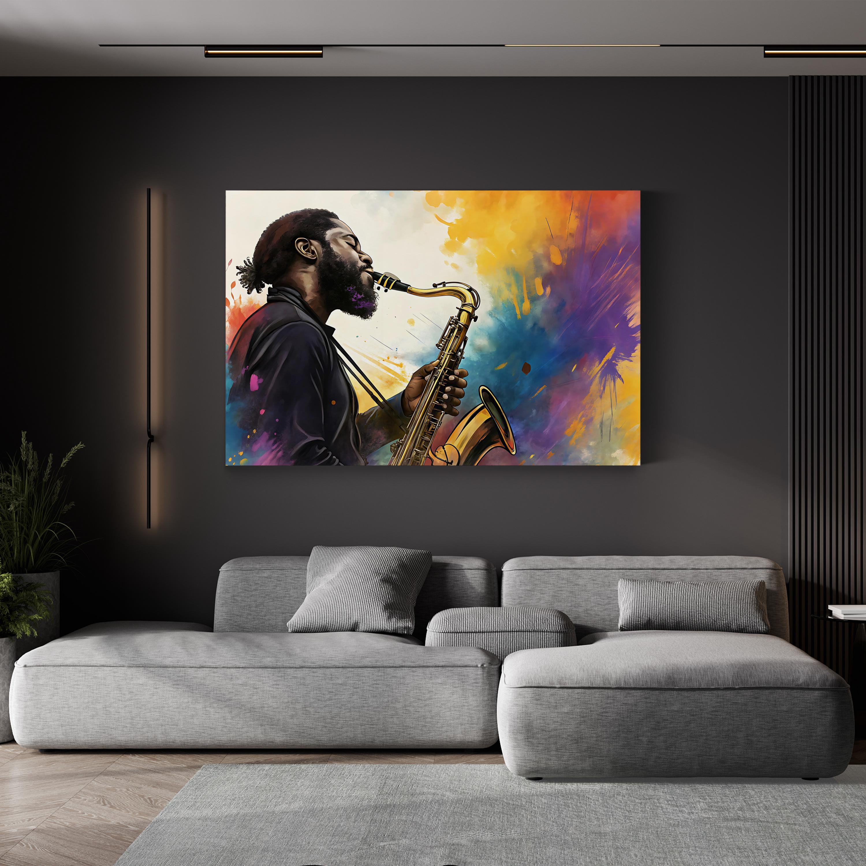 Jazz Saxophonist Color Splash – Period Illustration Wall Art | Abstract Music Canvas Print