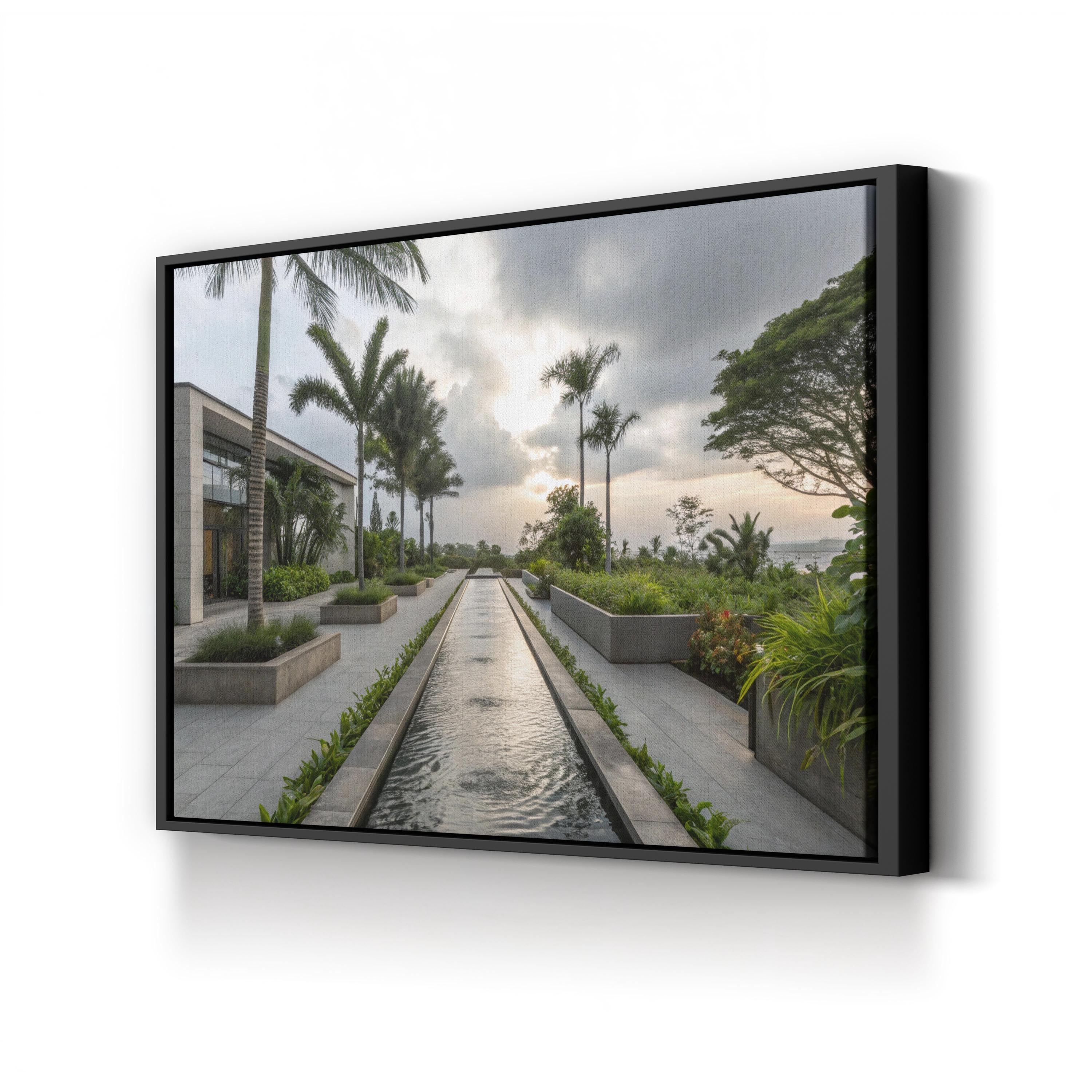 Tropical Fountain Water Feature – Period Illustration Wall Art | Modern Landscape Canvas Print