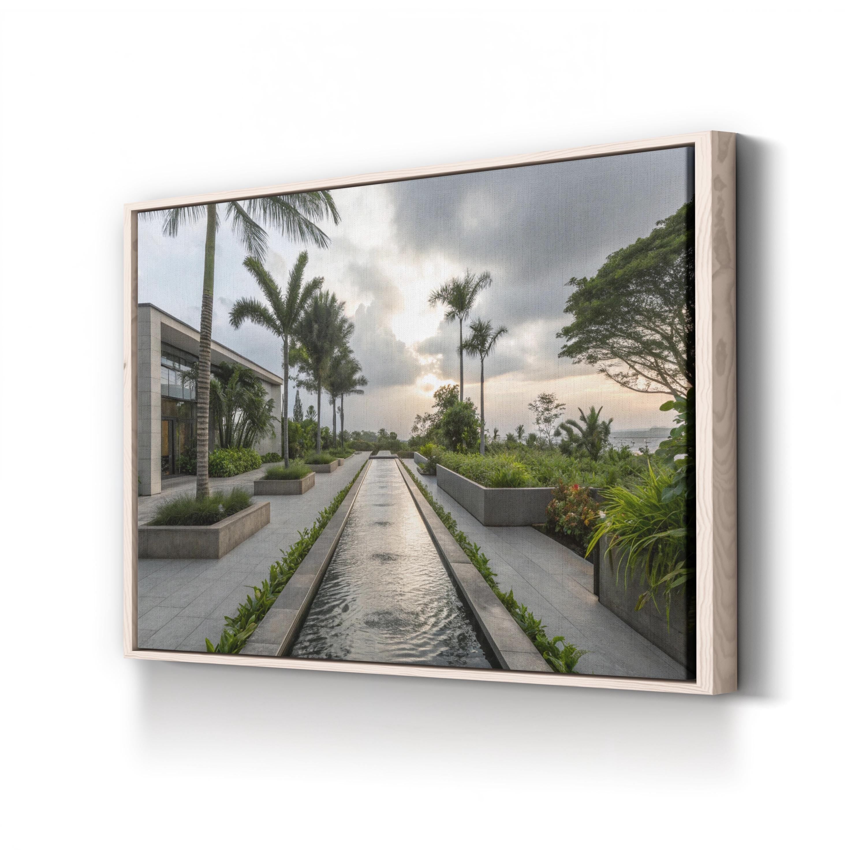 Tropical Fountain Water Feature – Period Illustration Wall Art | Modern Landscape Canvas Print