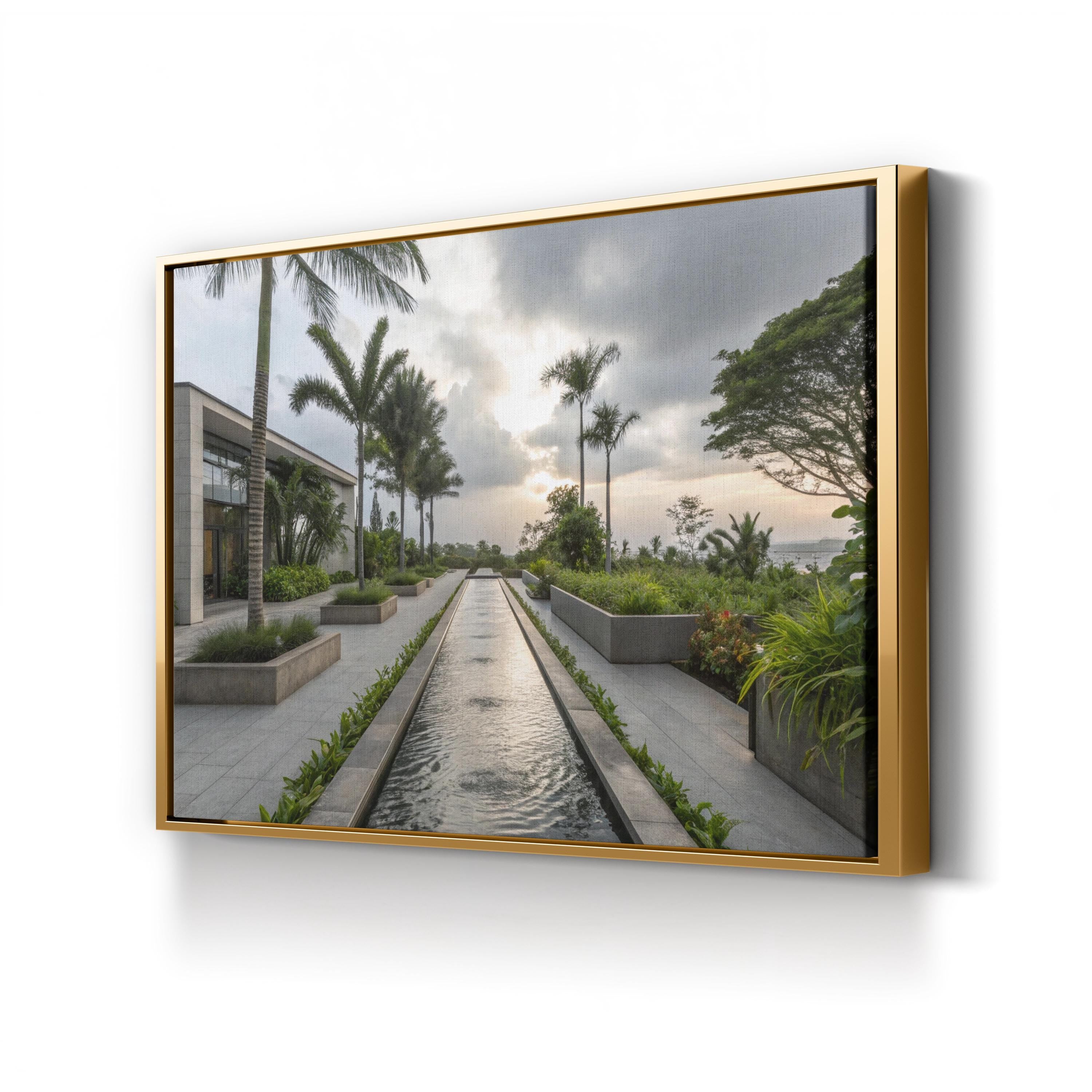 Tropical Fountain Water Feature – Period Illustration Wall Art | Modern Landscape Canvas Print