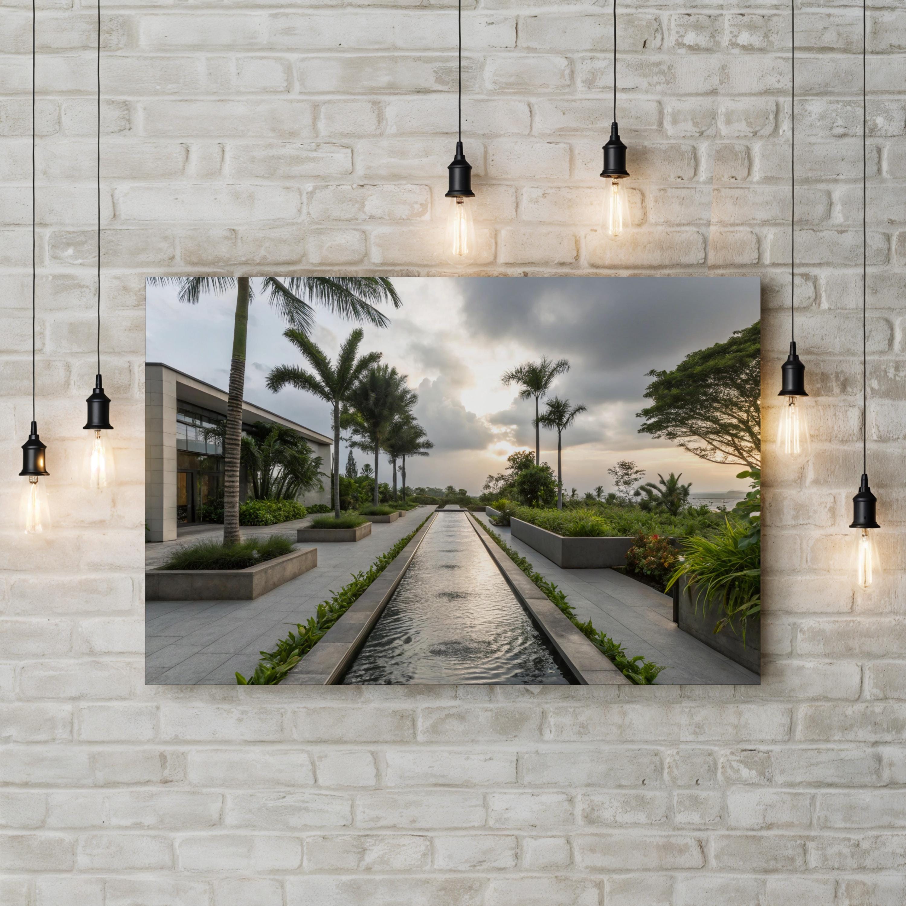 Tropical Fountain Water Feature – Period Illustration Wall Art | Modern Landscape Canvas Print