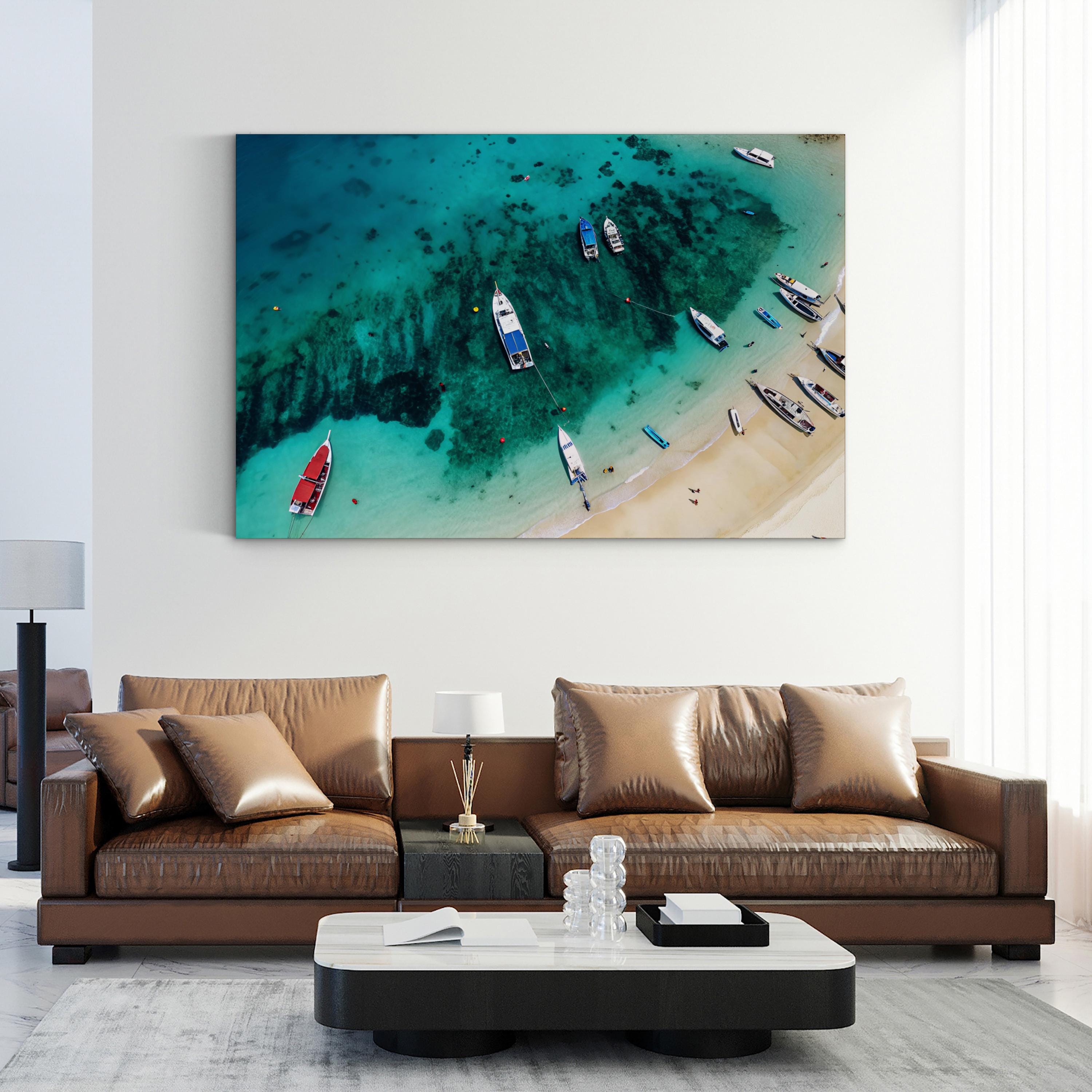 Red Boat Aerial Canvas Wall Art — Turquoise Coastal Ocean Photography Print