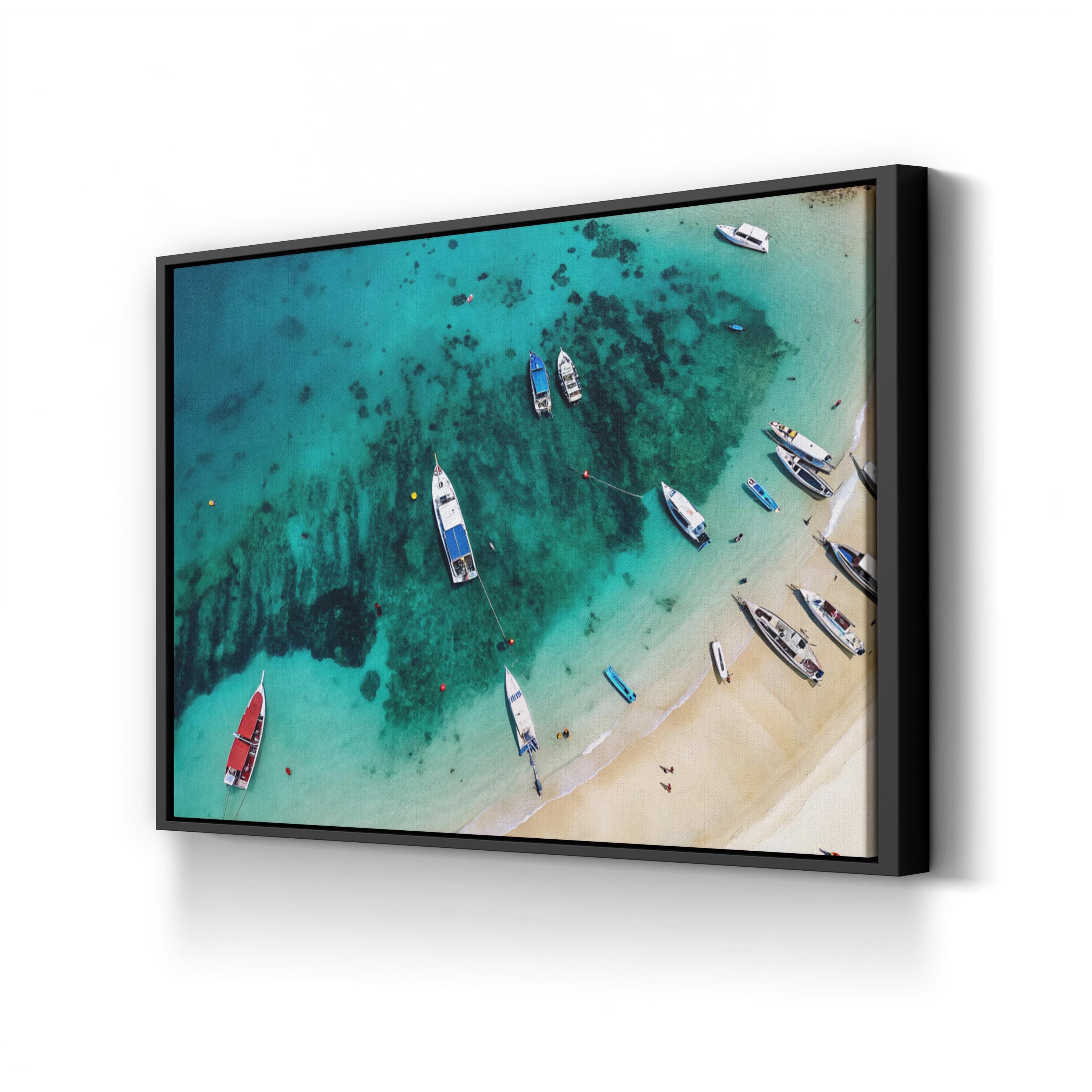 Red Boat Aerial Canvas Wall Art — Turquoise Coastal Ocean Photography Print