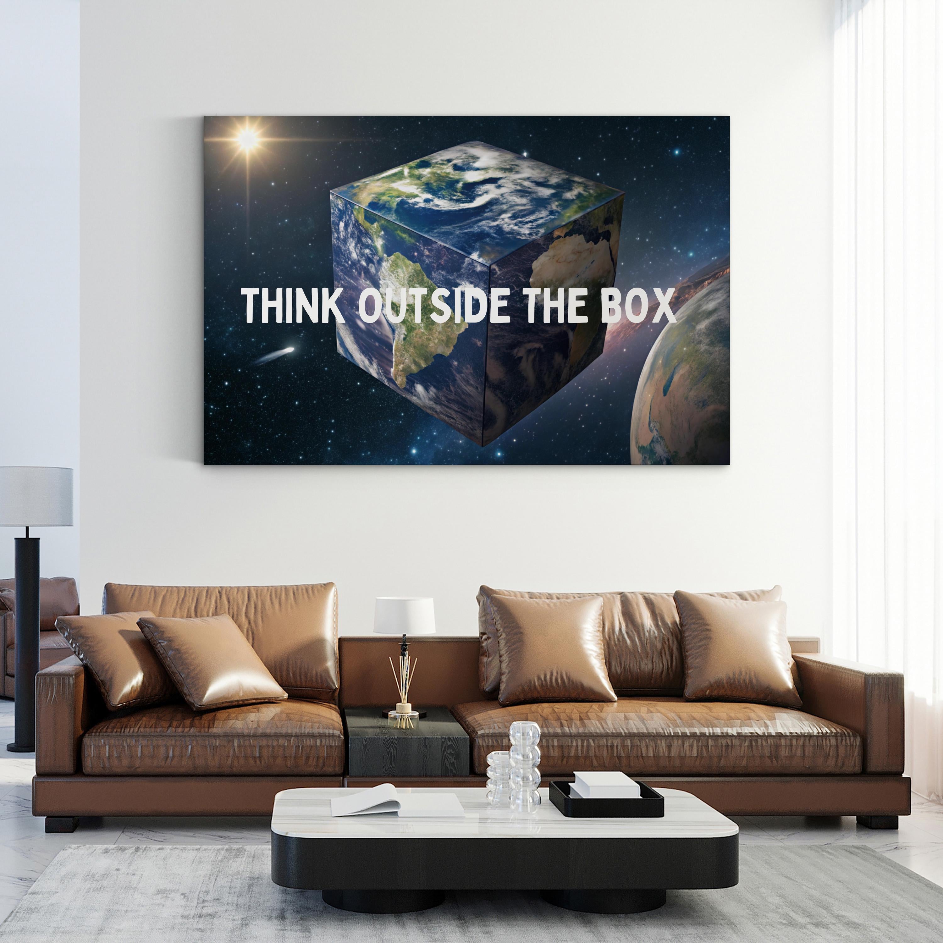 Motivational Earth Cube Wall Art | “Think Outside the Box” Galaxy Conceptual Canvas Print