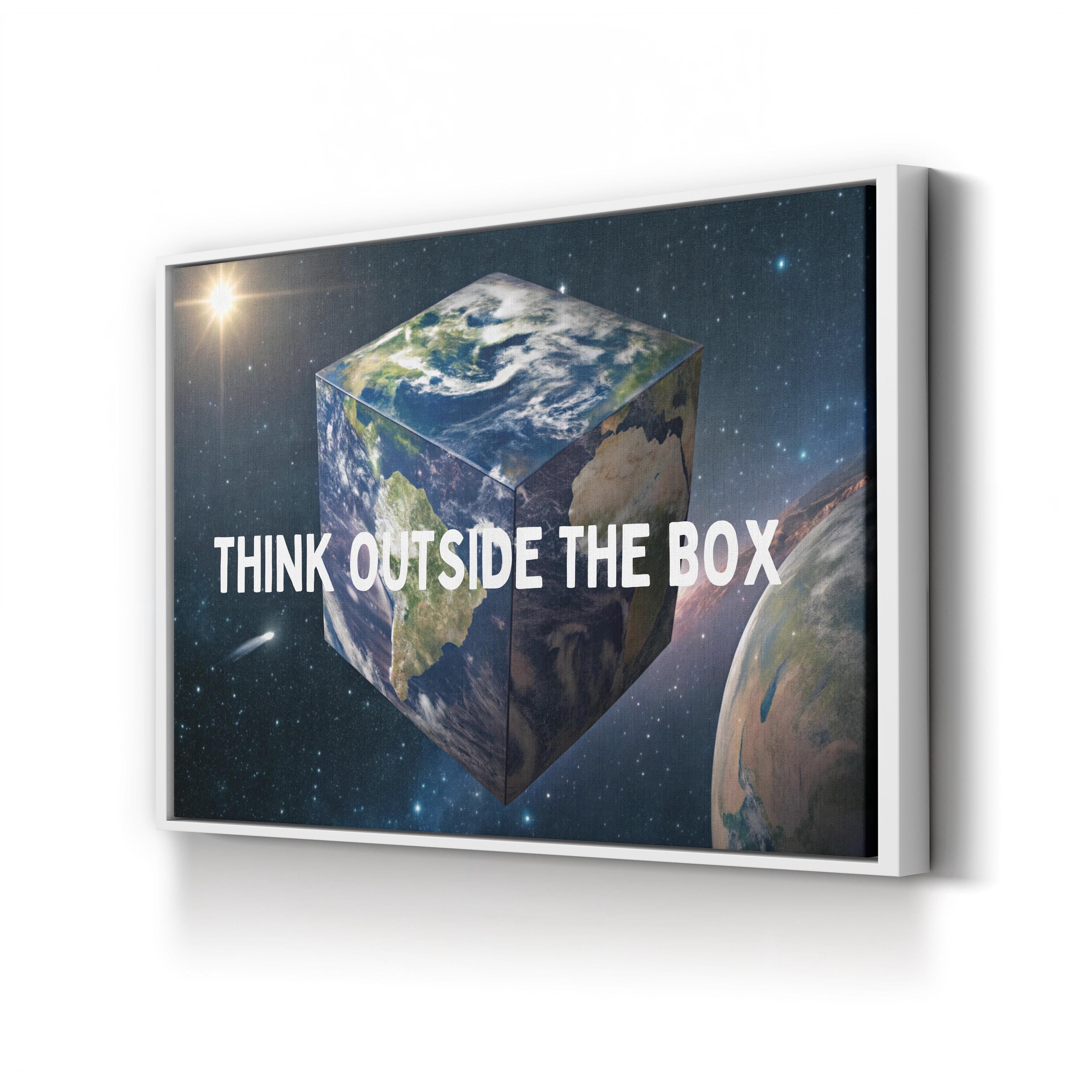 Motivational Earth Cube Wall Art | “Think Outside the Box” Galaxy Conceptual Canvas Print
