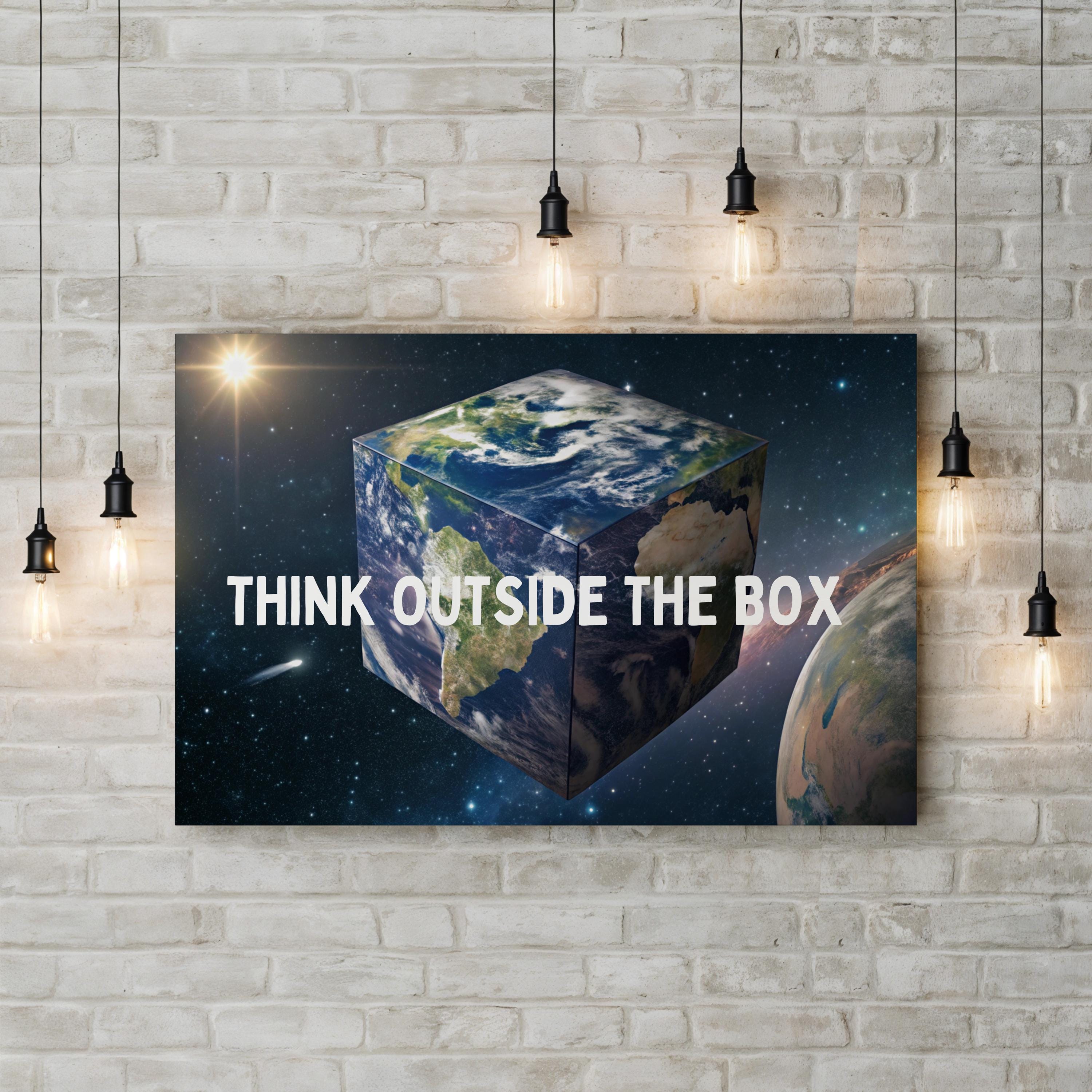 Motivational Earth Cube Wall Art | “Think Outside the Box” Galaxy Conceptual Canvas Print