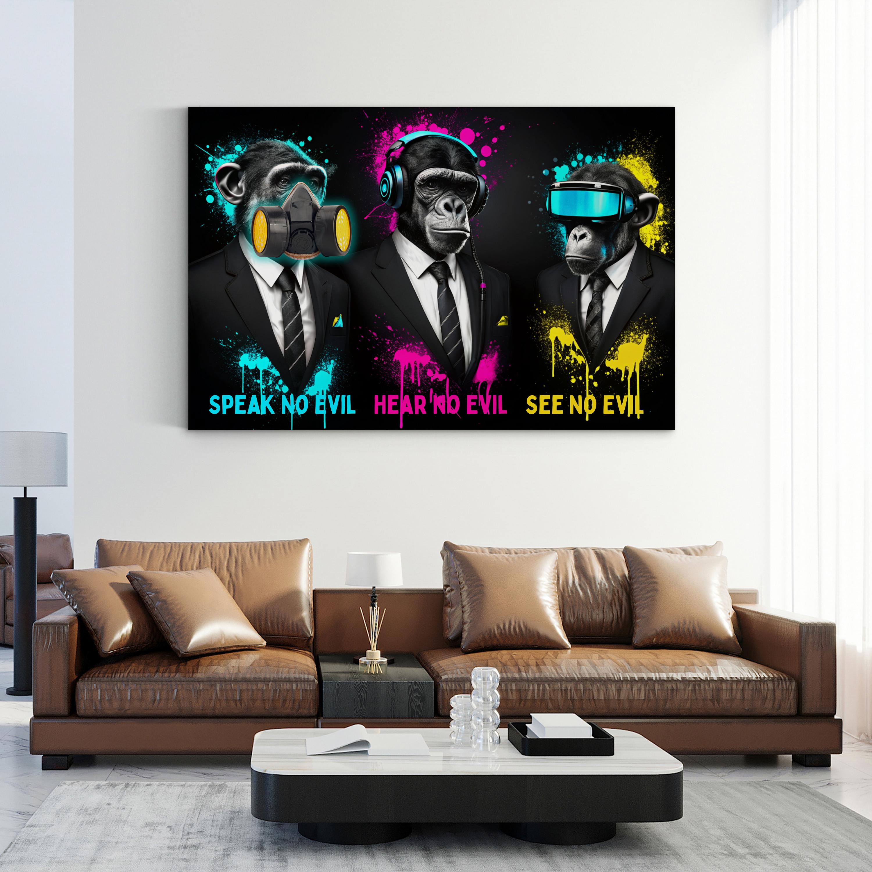 Three Wise Monkeys Pop Art Canvas – Dark Contemporary Panorama Wall Art