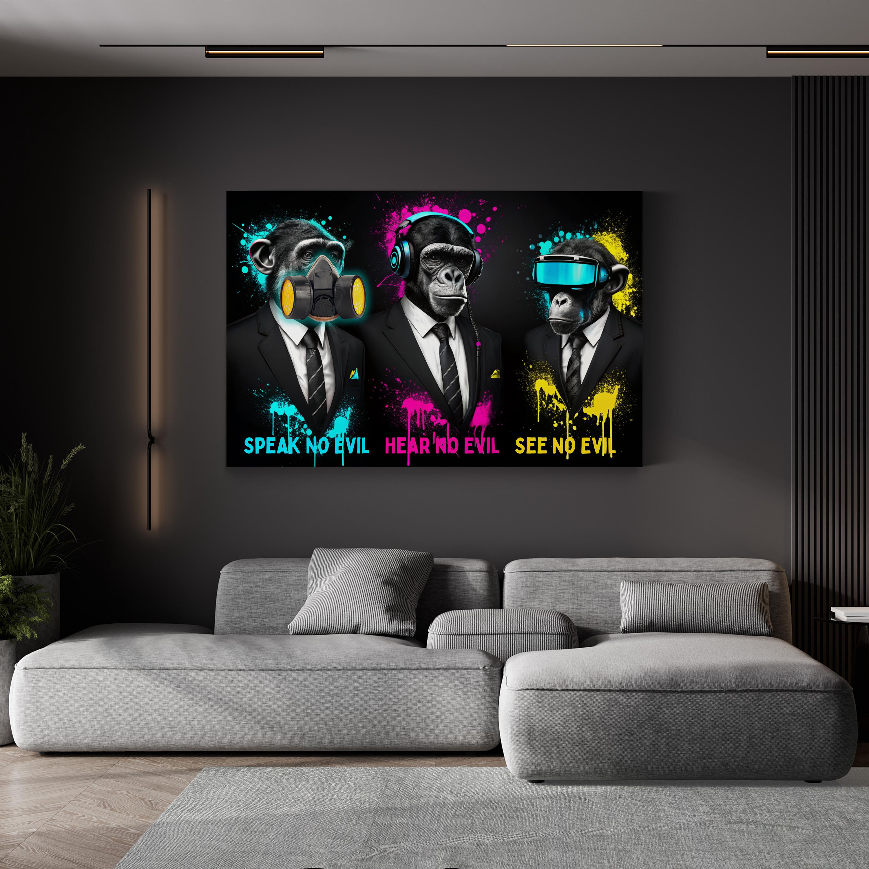 Three Wise Monkeys Pop Art Canvas – Dark Contemporary Panorama Wall Art