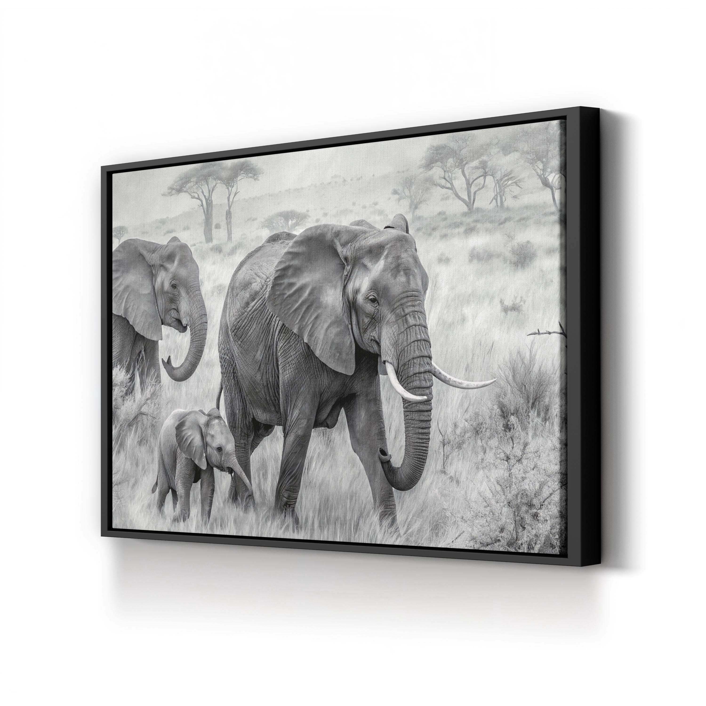 Elephant Family B&W Canvas – African Savannah Wildlife Wall Art