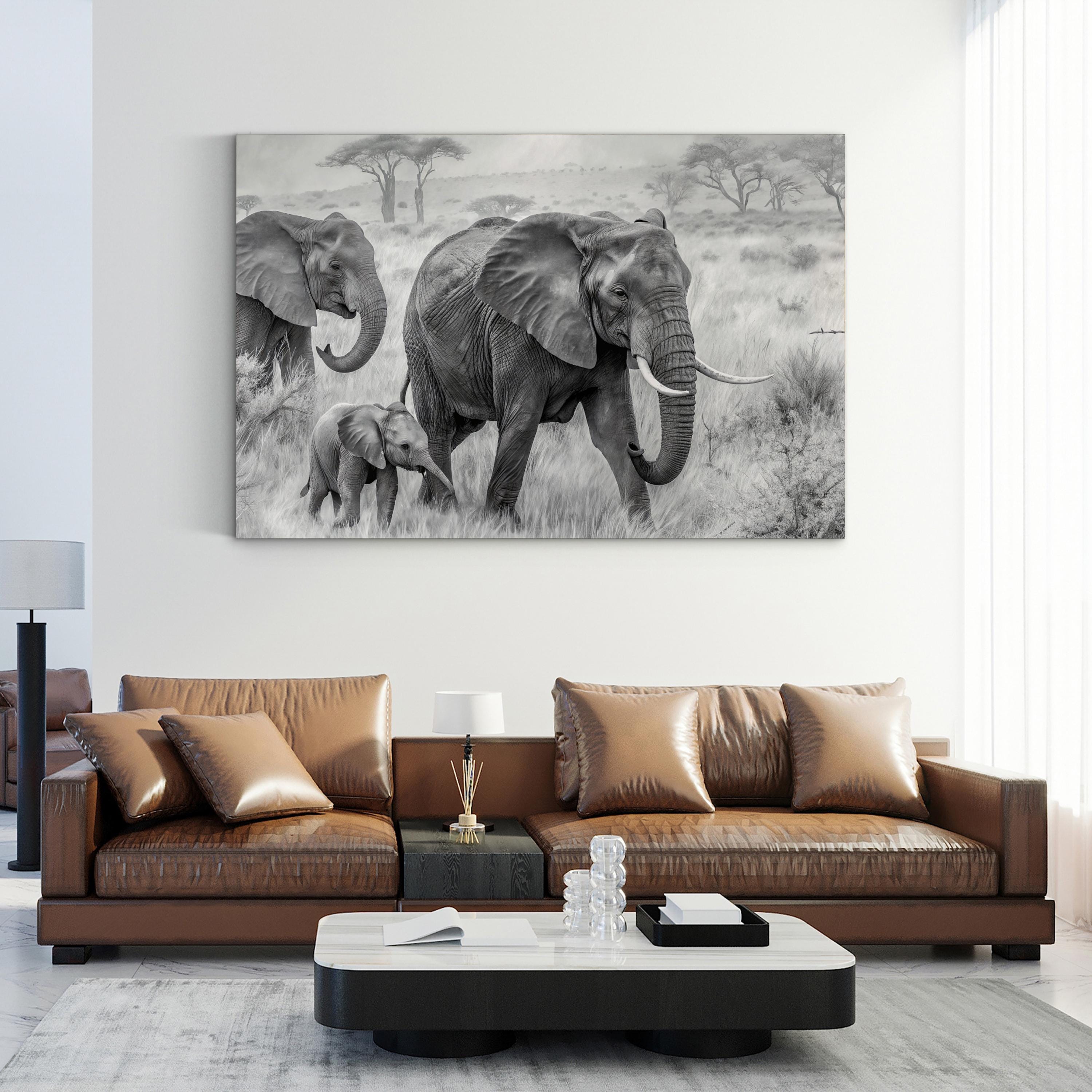 Elephant Family B&W Canvas – African Savannah Wildlife Wall Art