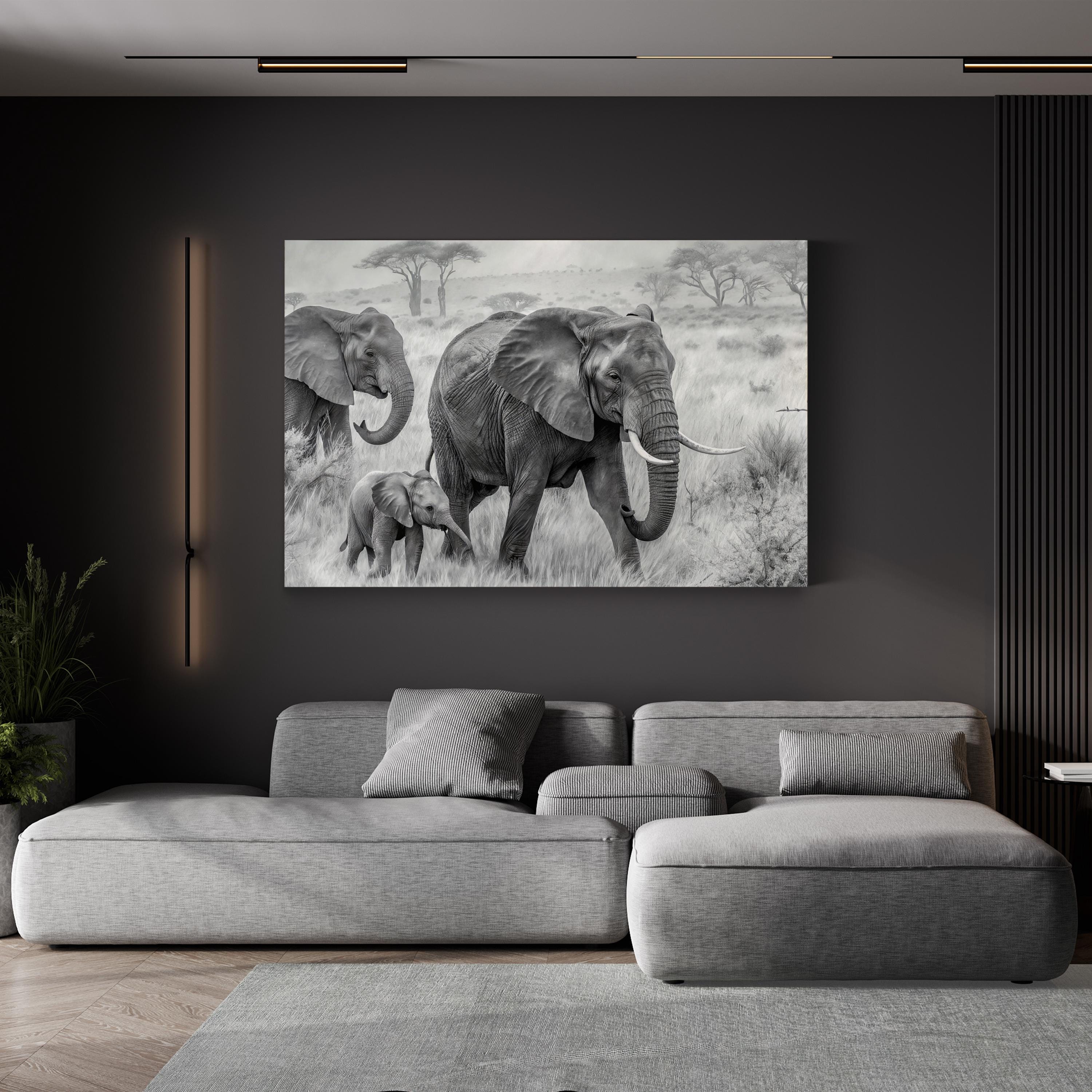 Elephant Family B&W Canvas – African Savannah Wildlife Wall Art
