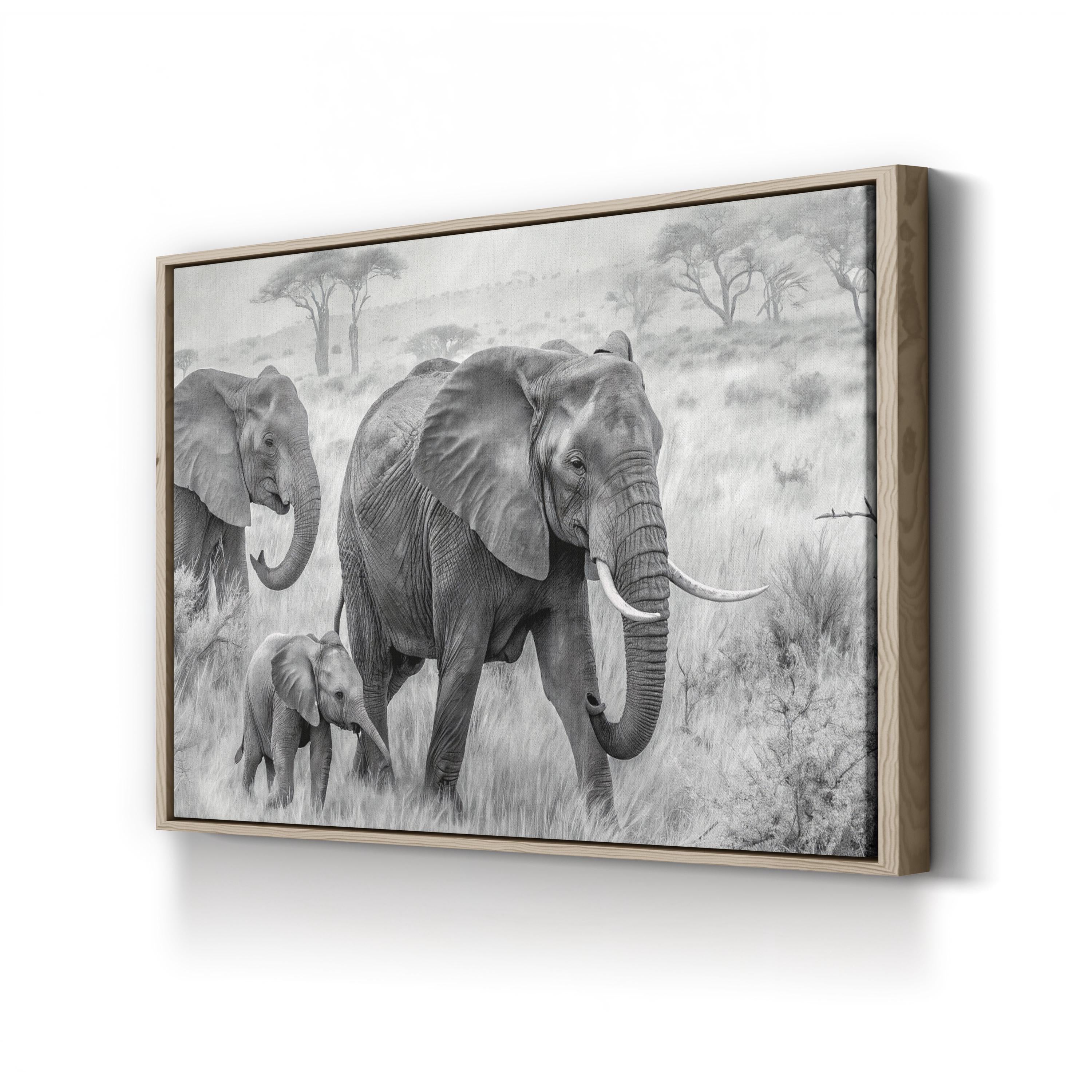 Elephant Family B&W Canvas – African Savannah Wildlife Wall Art