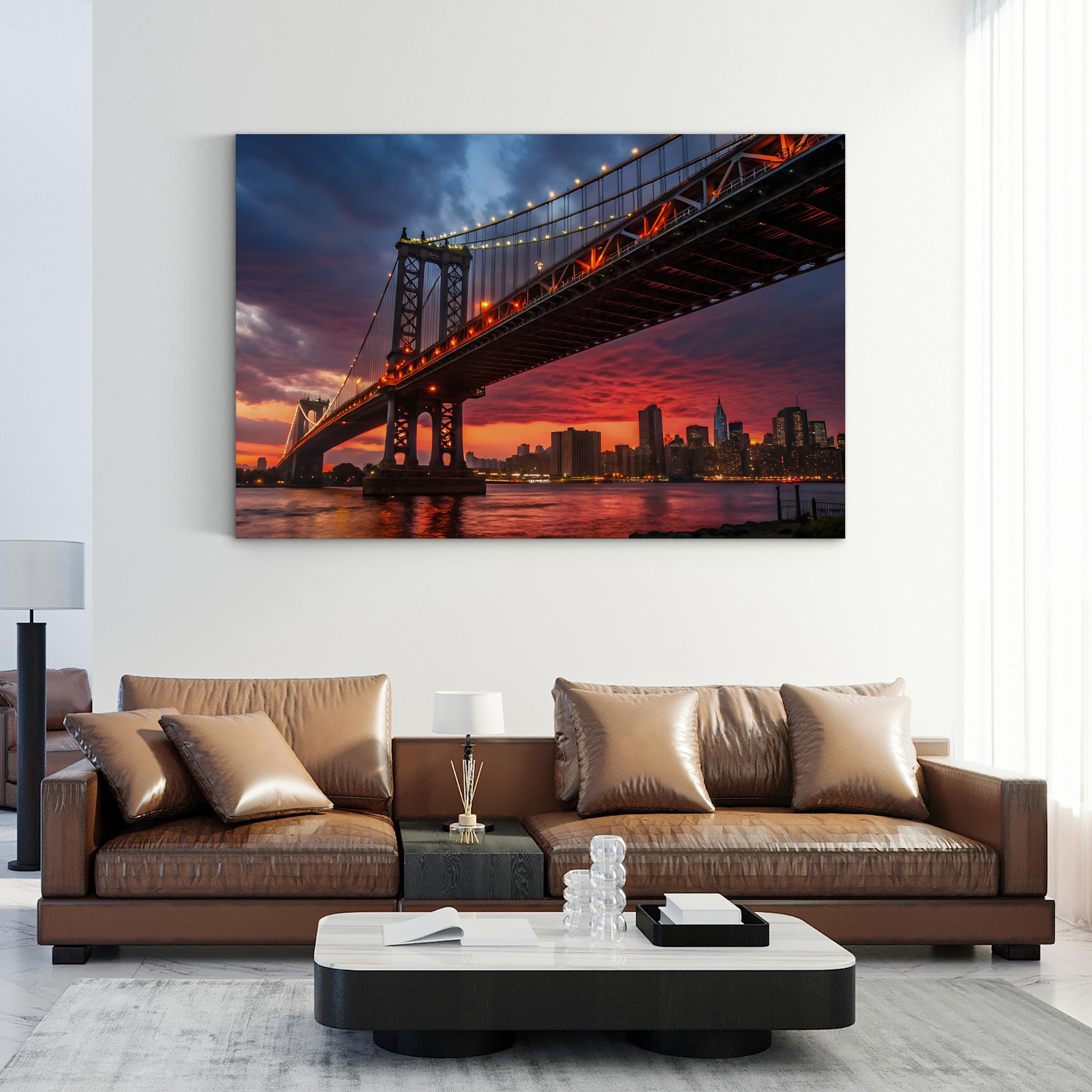 Manhattan Bridge Sunset — Manhattan Bridge & New York City Skyline Framed Canvas Wall Art