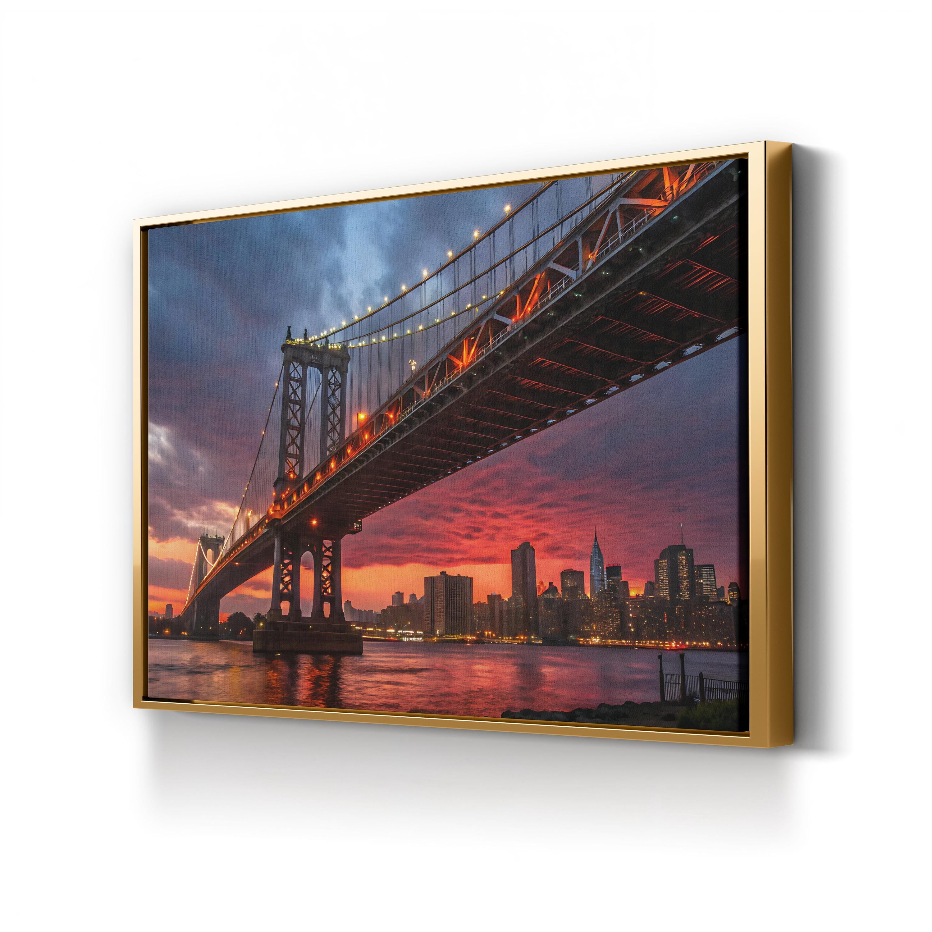 Manhattan Bridge Sunset — Manhattan Bridge & New York City Skyline Framed Canvas Wall Art