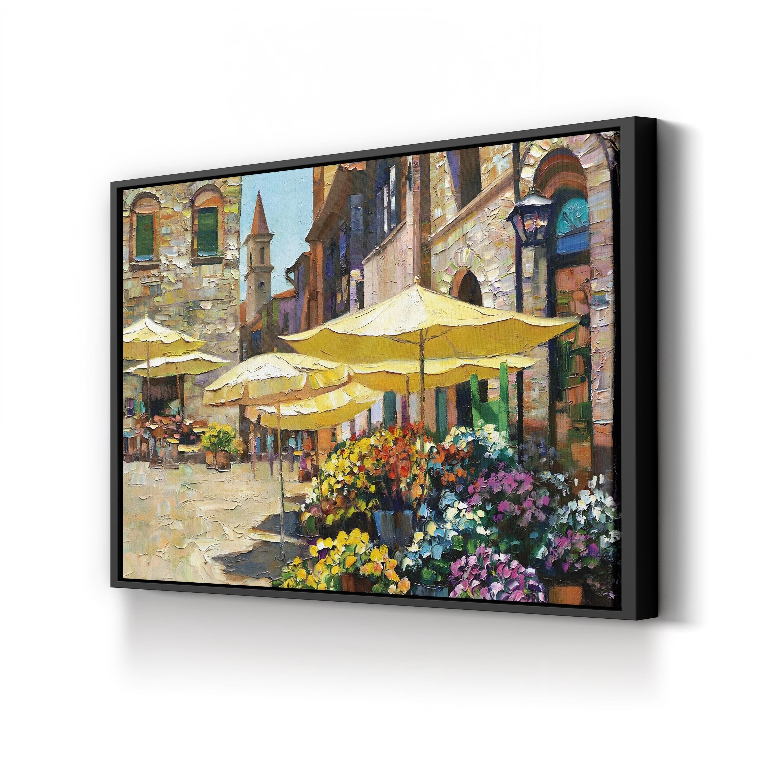 Siena Flower Market Canvas Art – Italian Street Scene with Yellow Umbrellas