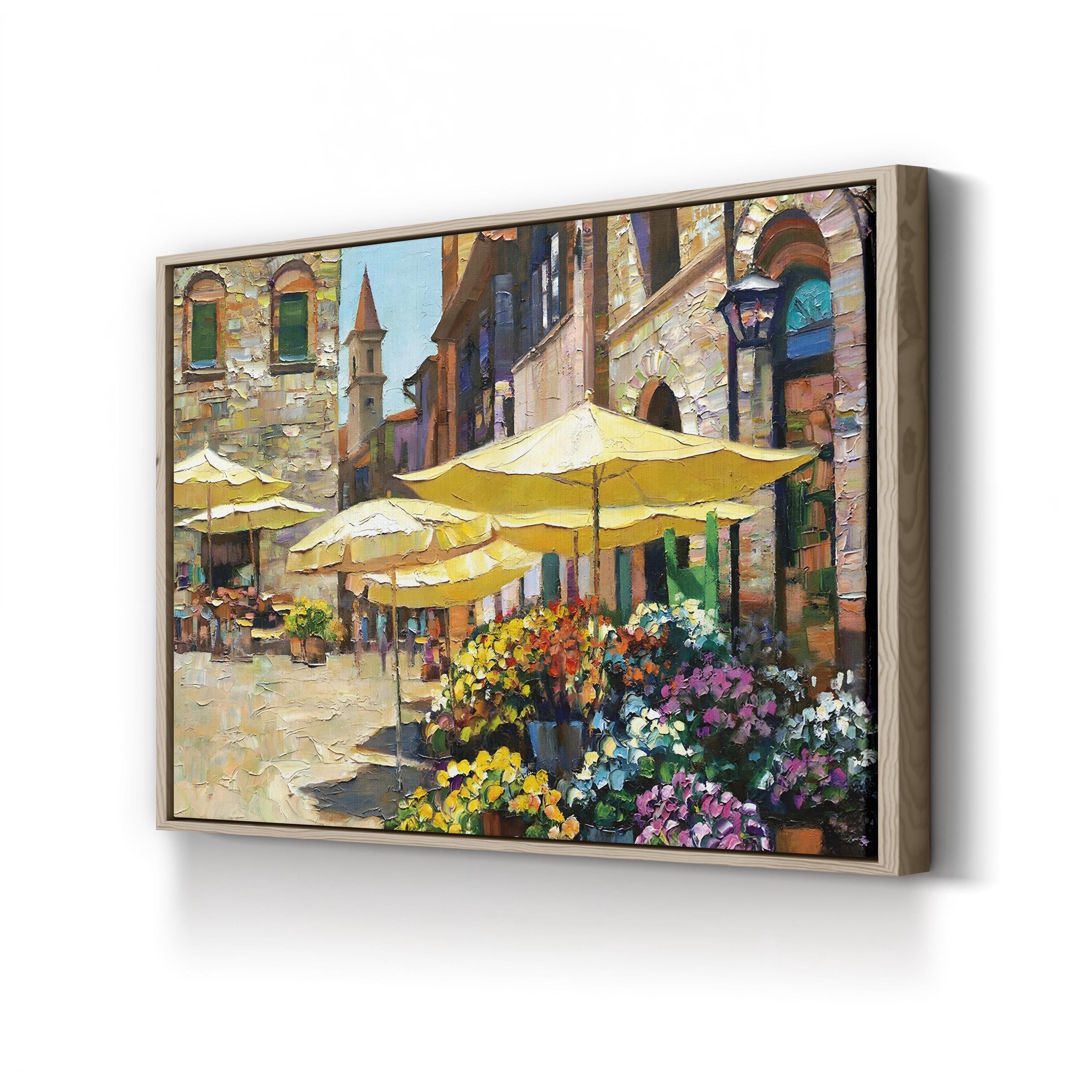 Siena Flower Market Canvas Art – Italian Street Scene with Yellow Umbrellas