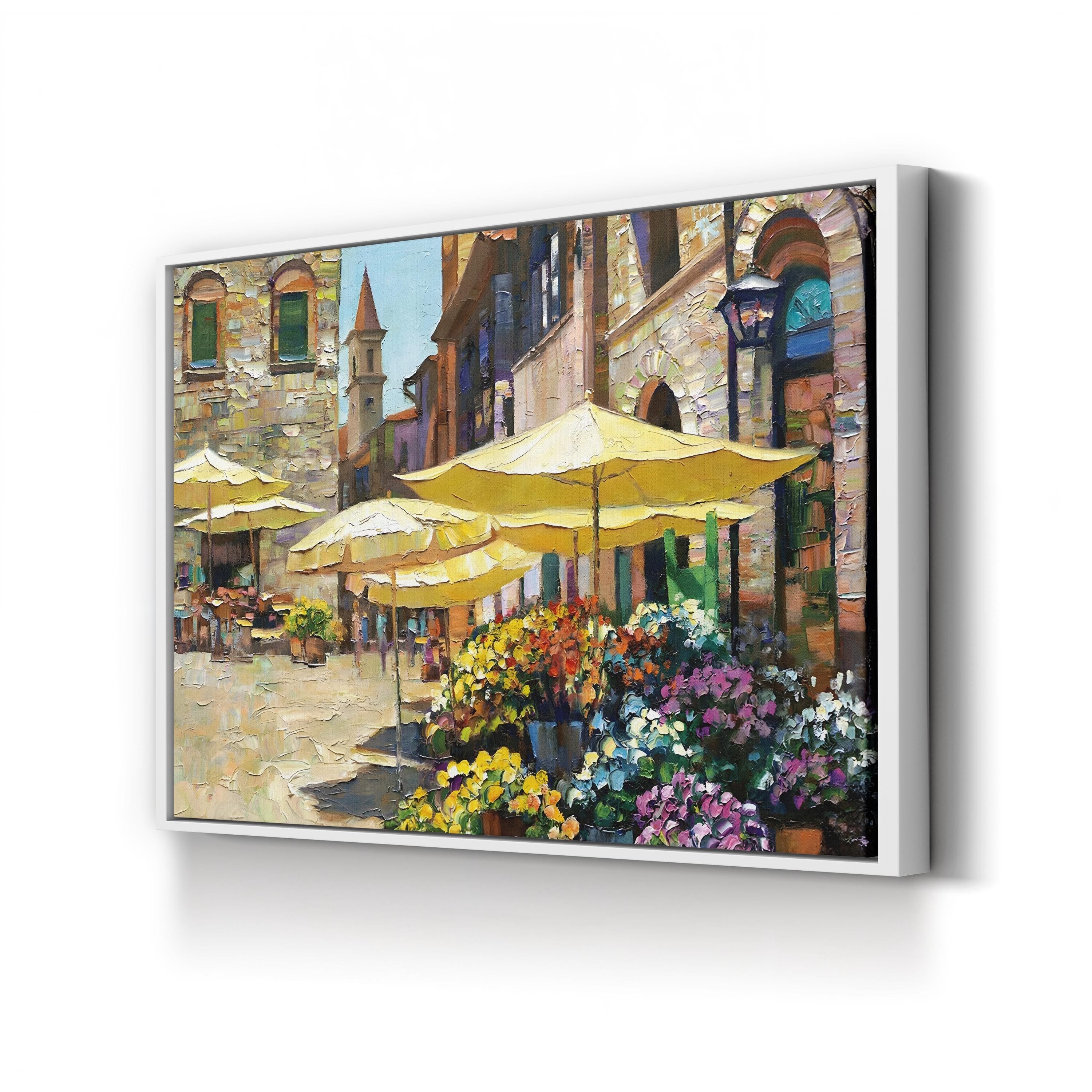 Siena Flower Market Canvas Art – Italian Street Scene with Yellow Umbrellas
