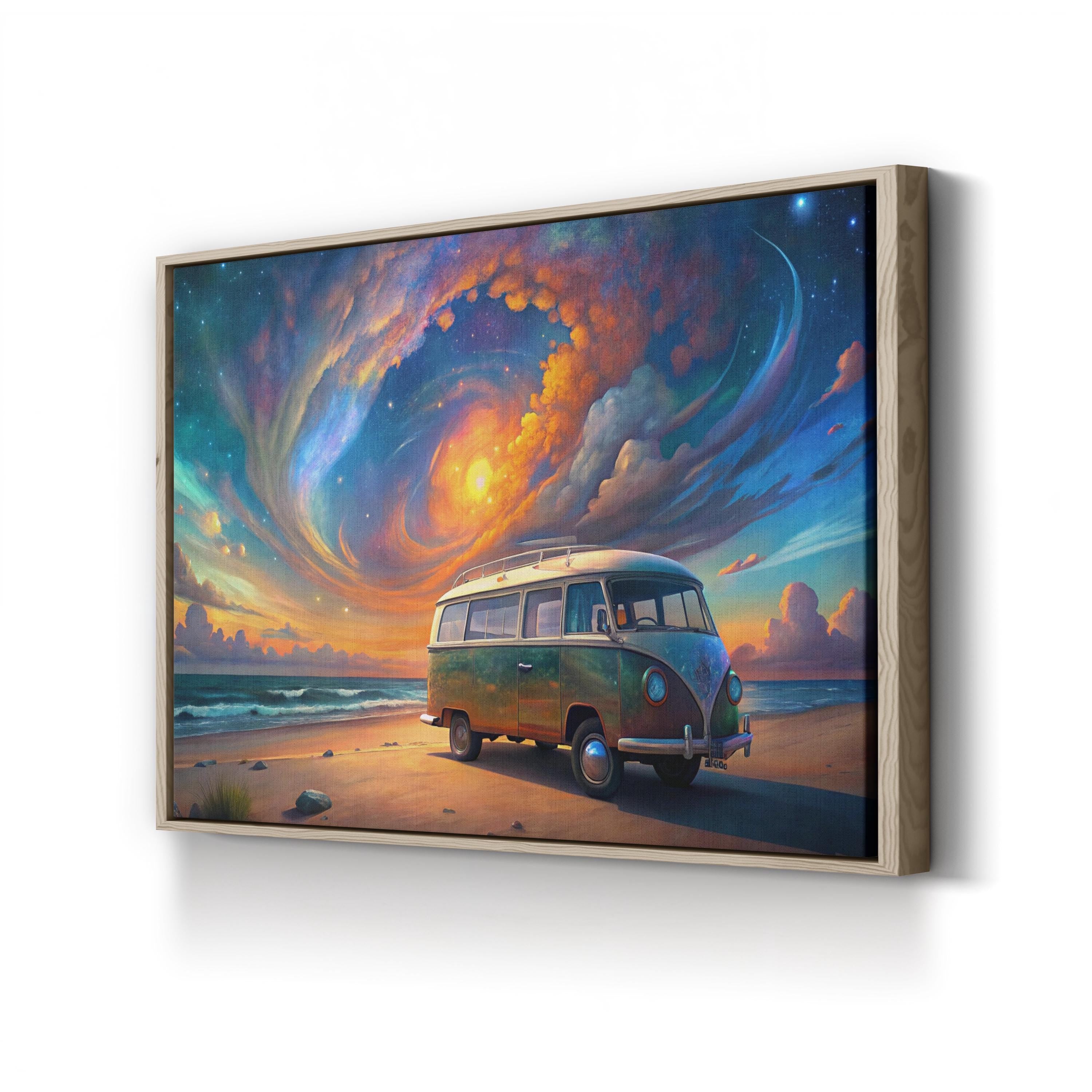 Van Life Beach Sunset – Period Illustration Wall Art | Coastal Landscape Canvas Print