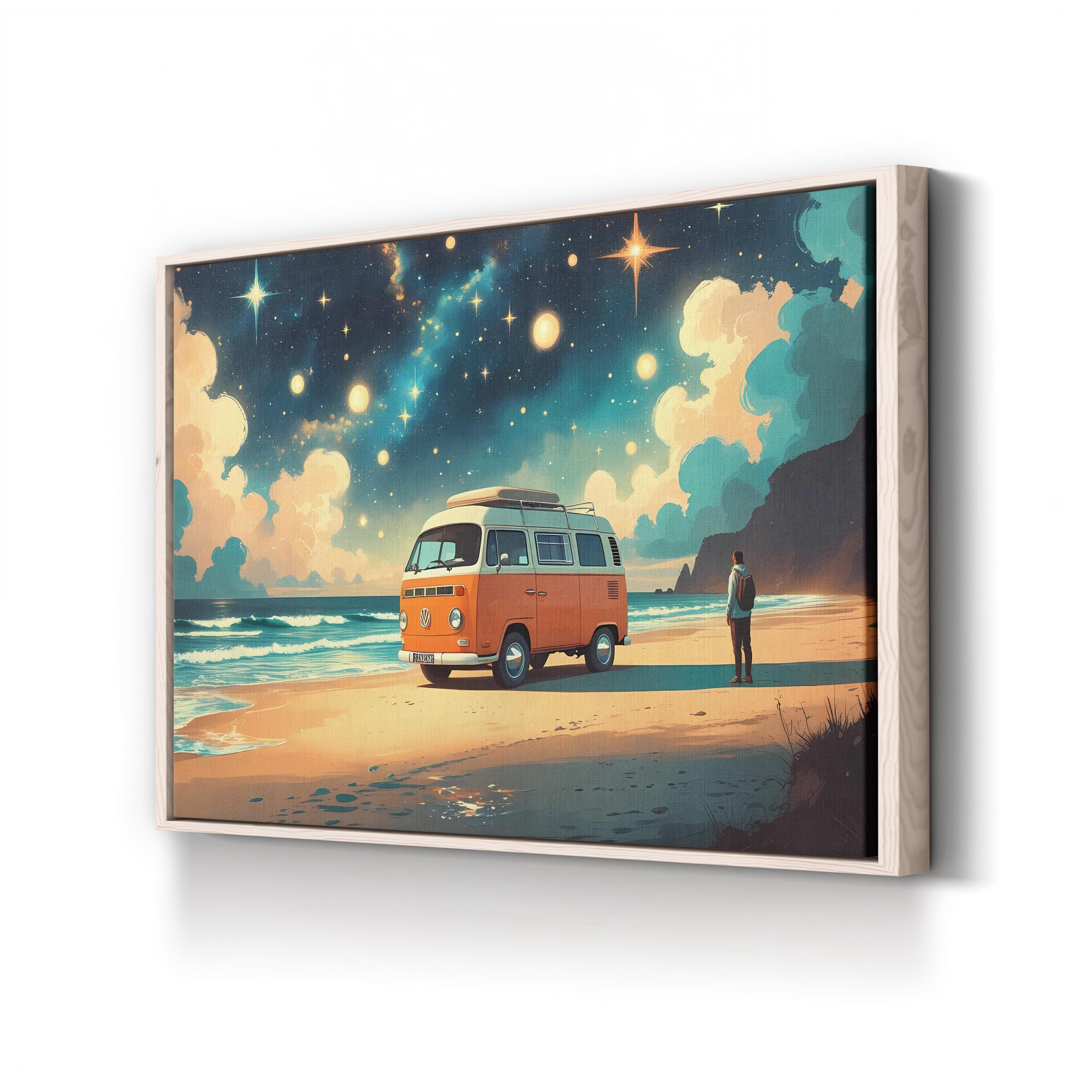 Retro Van Beach Sunset – Period Illustration Wall Art | Coastal Van Life Canvas Print