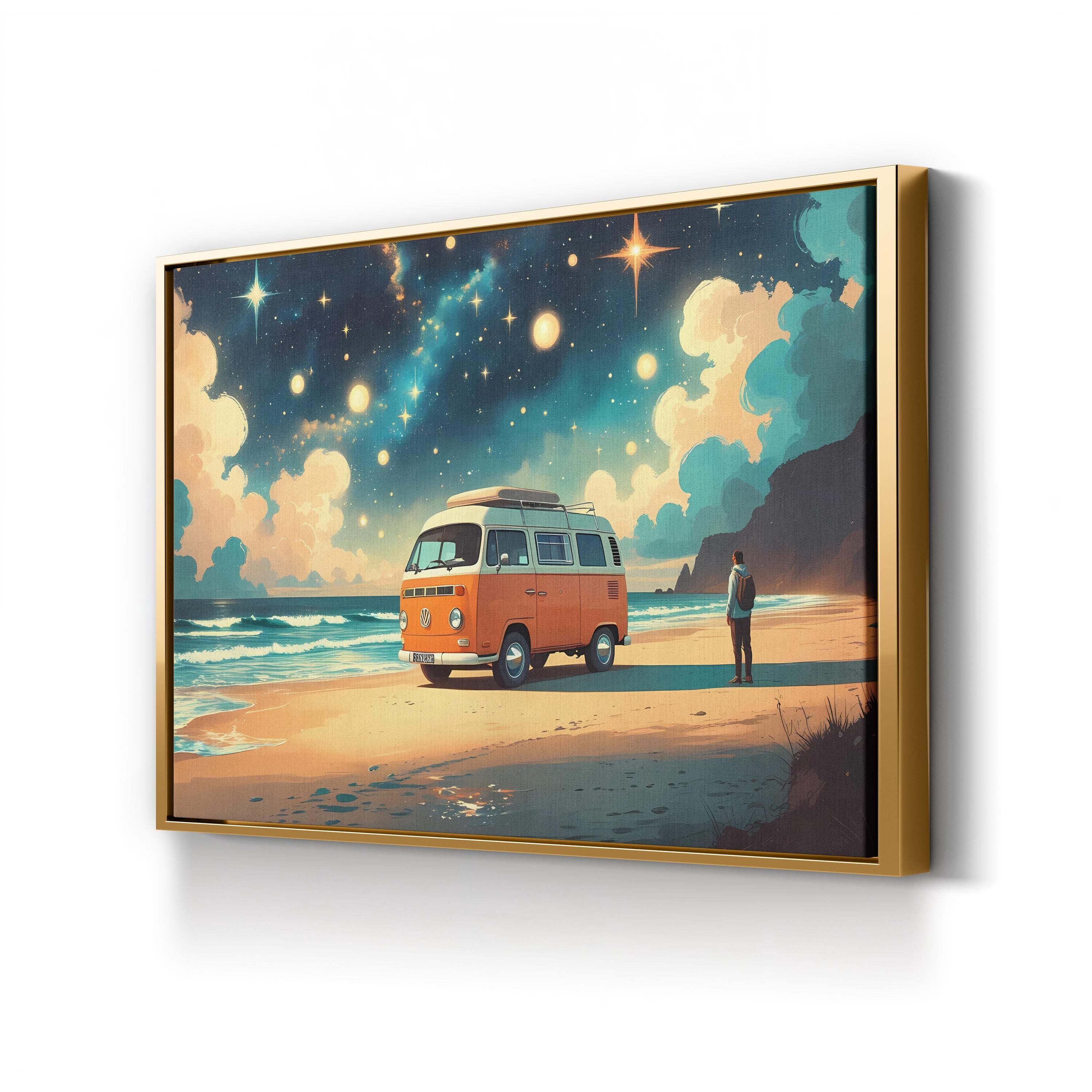 Retro Van Beach Sunset – Period Illustration Wall Art | Coastal Van Life Canvas Print