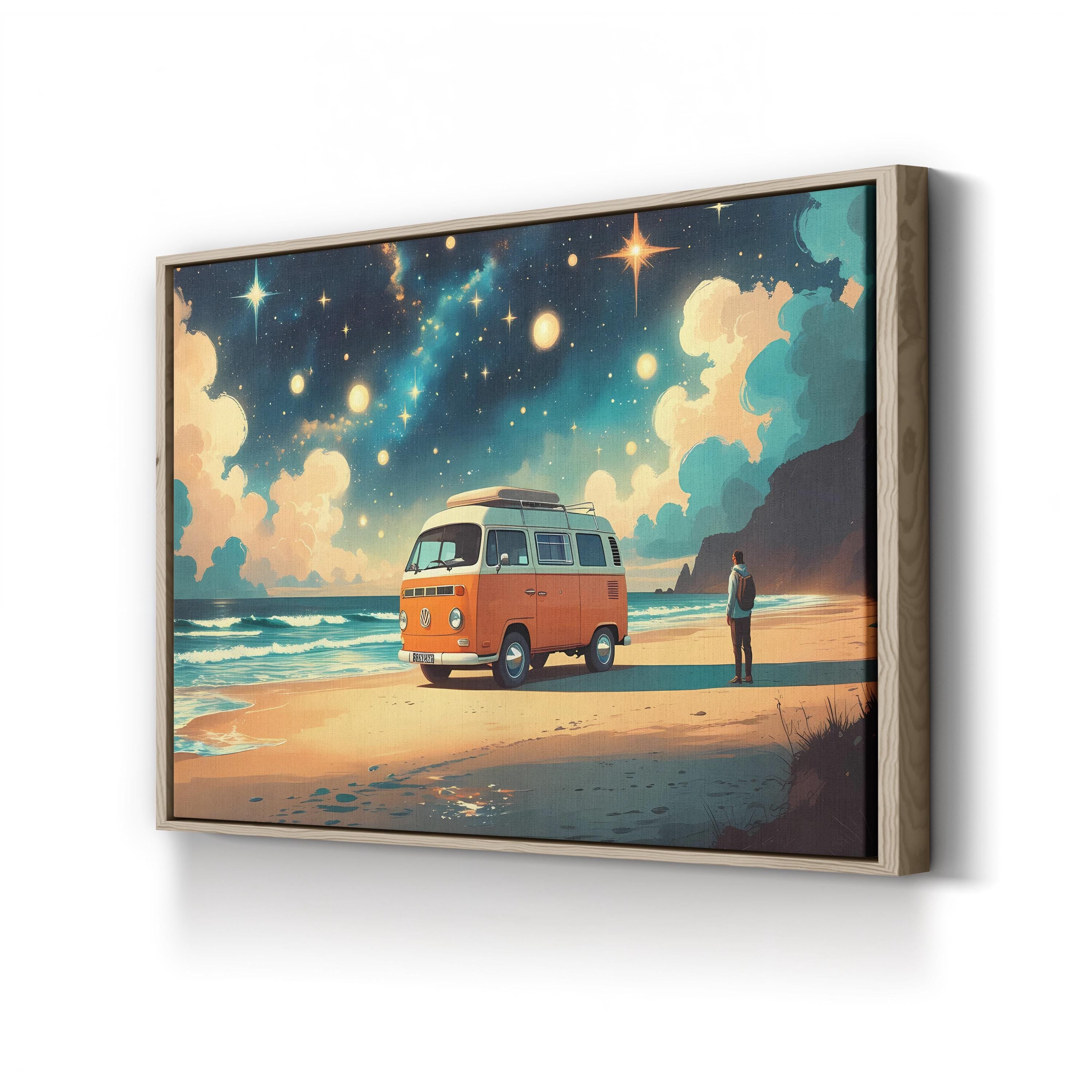 Retro Van Beach Sunset – Period Illustration Wall Art | Coastal Van Life Canvas Print