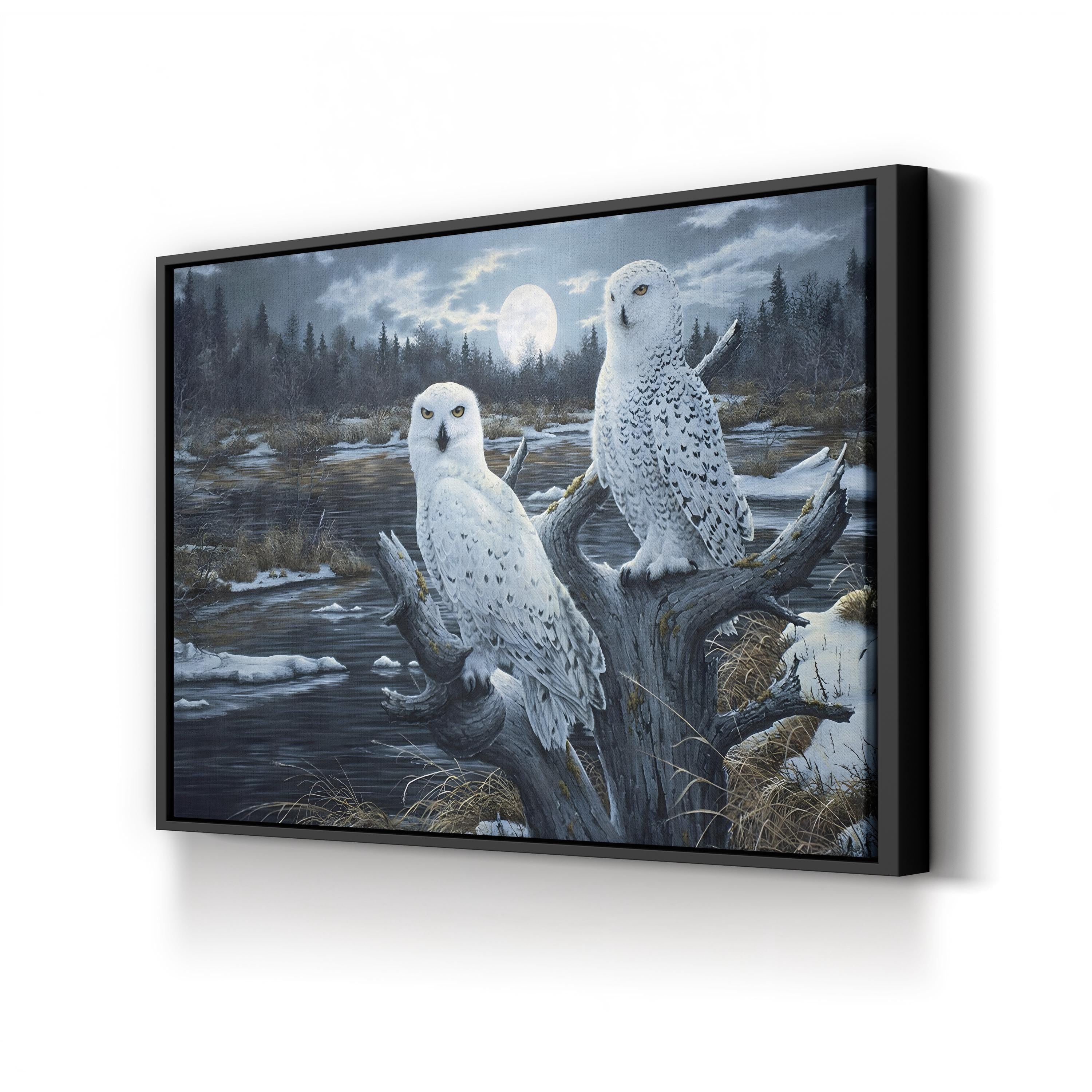 Snowy Owls Canvas Art Print – Winter Forest Wildlife Wall Art with Full Moon by Jeff Tift