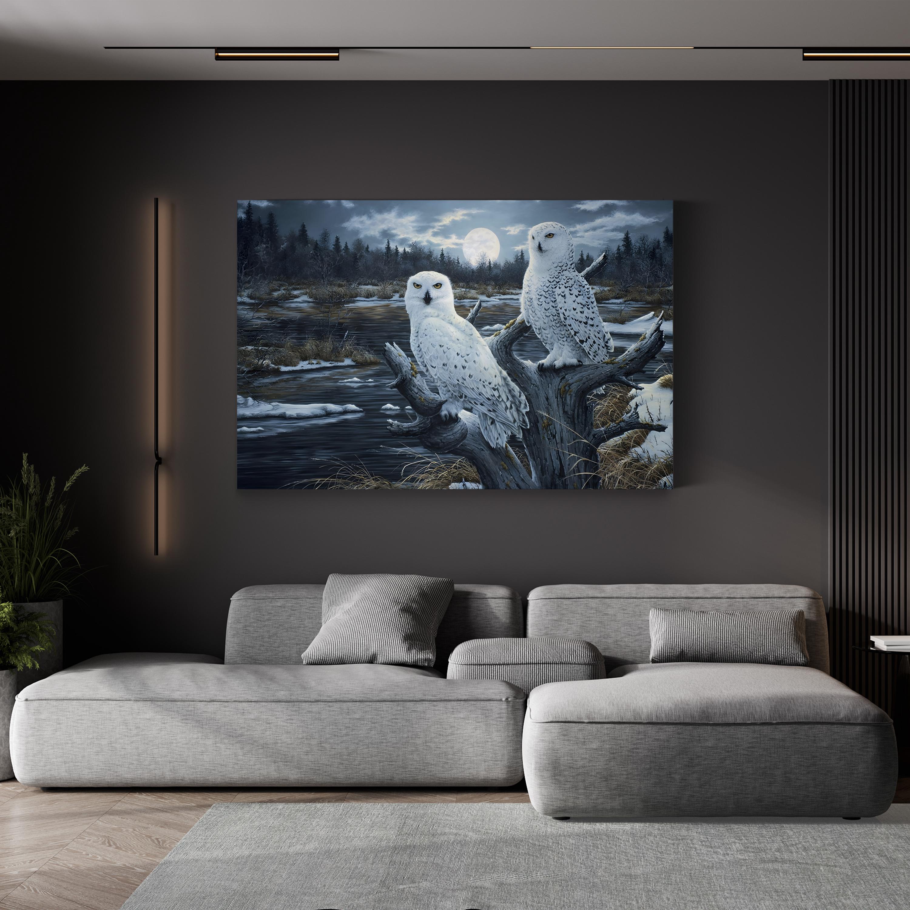 Snowy Owls Canvas Art Print – Winter Forest Wildlife Wall Art with Full Moon by Jeff Tift