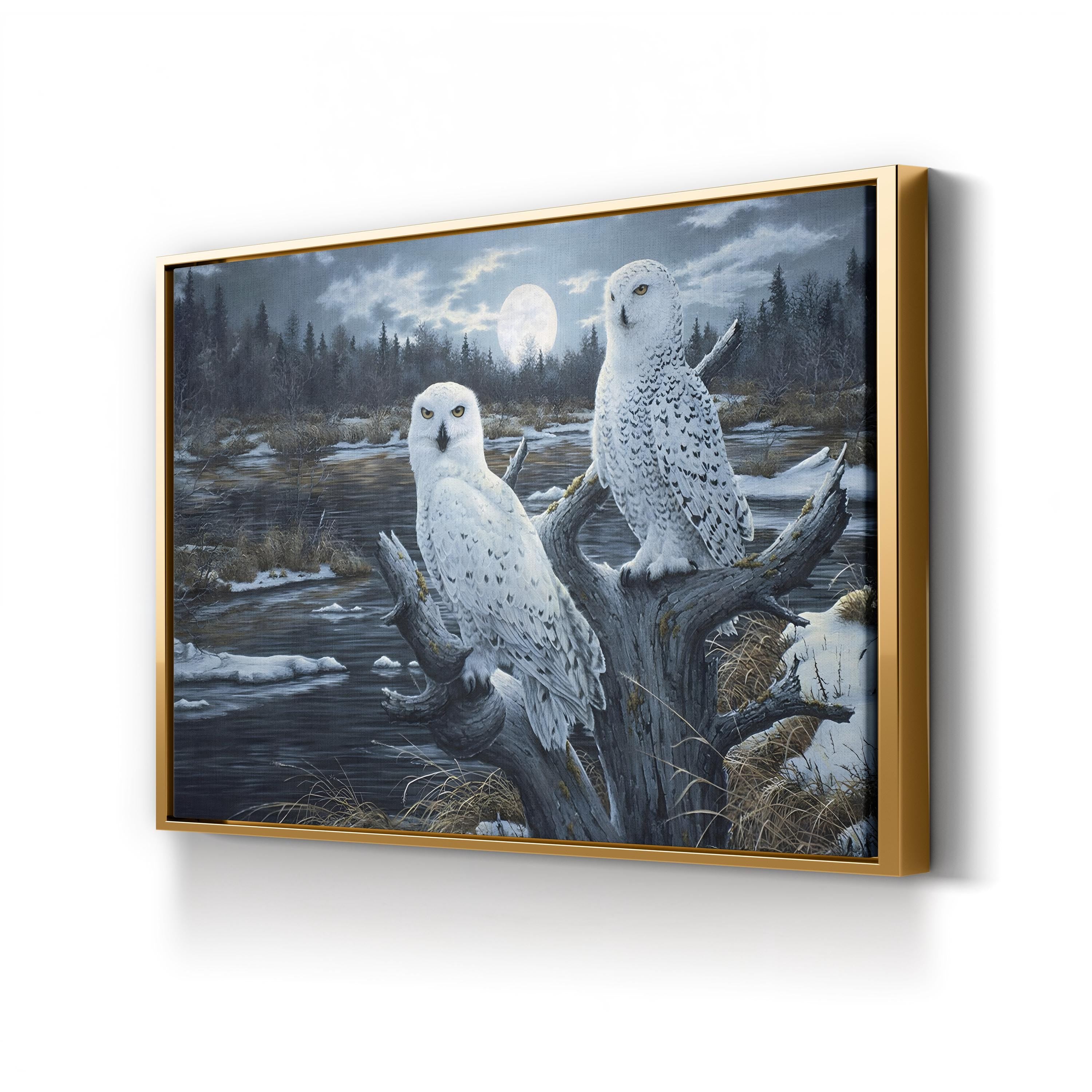 Snowy Owls Canvas Art Print – Winter Forest Wildlife Wall Art with Full Moon by Jeff Tift