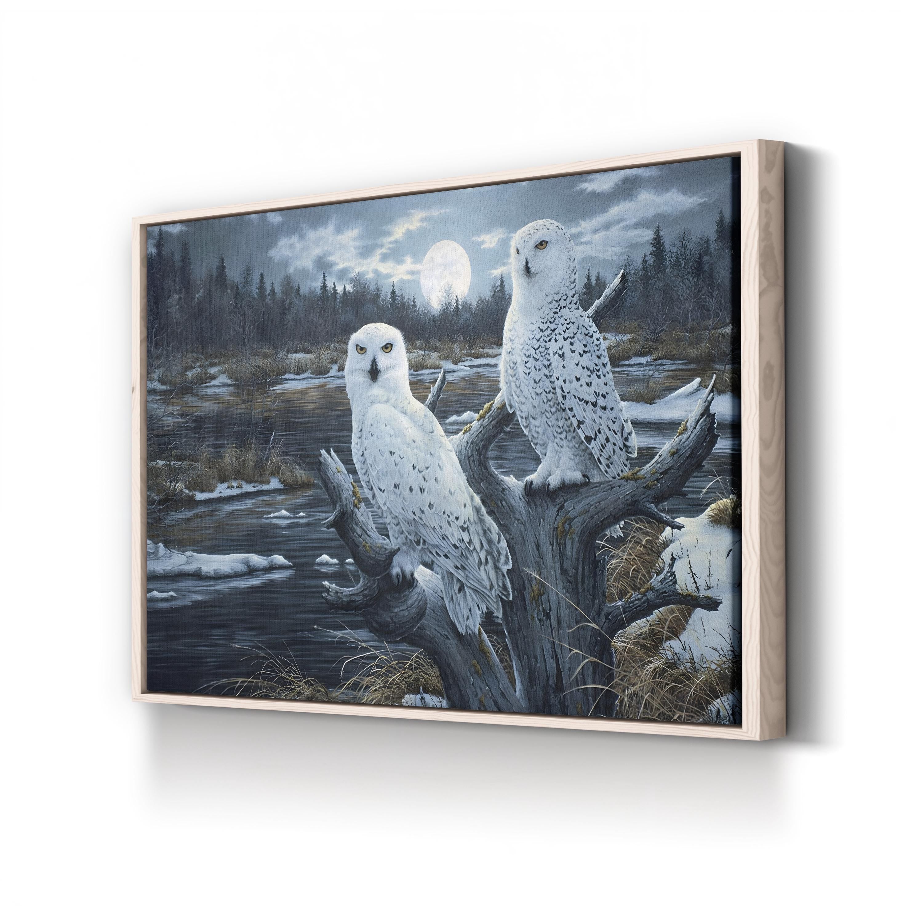 Snowy Owls Canvas Art Print – Winter Forest Wildlife Wall Art with Full Moon by Jeff Tift