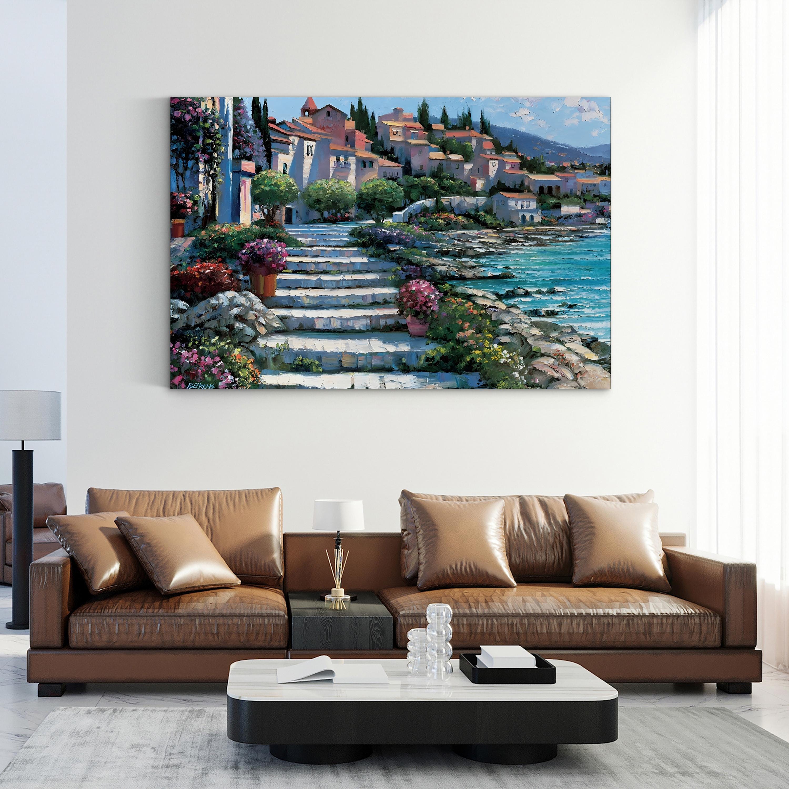Steps of St. Tropez Canvas Art Print: Mediterranean Coastal Architecture by Howard Behrens