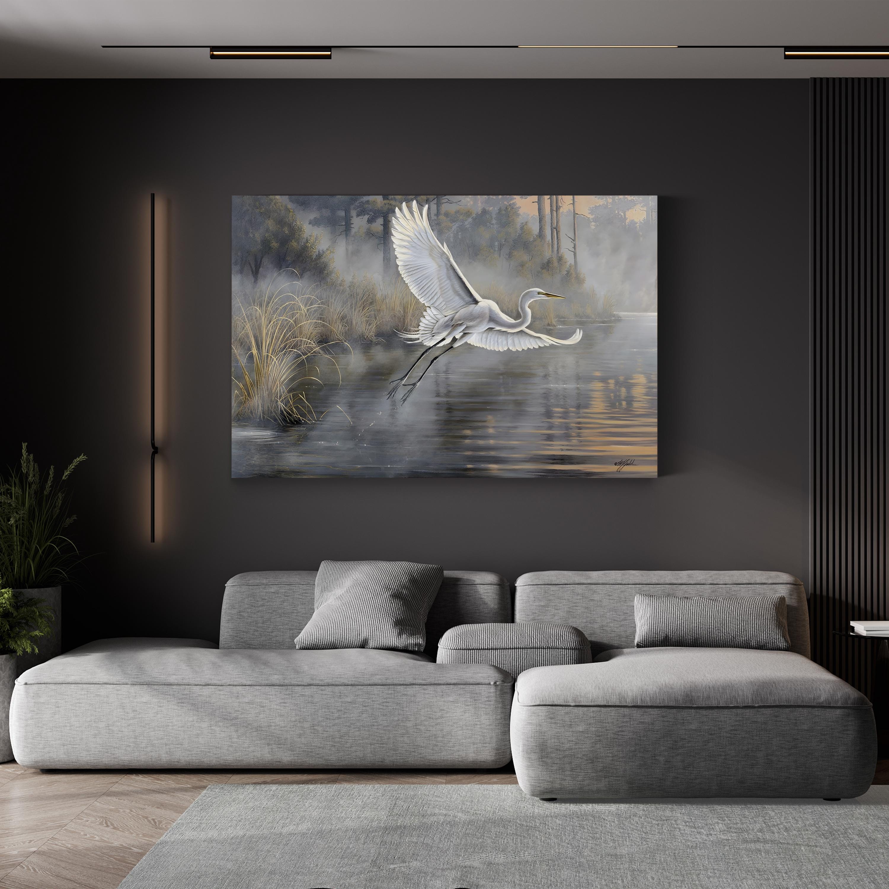 Sunrise Flight Canvas Print – Majestic Heron in Flight Nature Wall Art