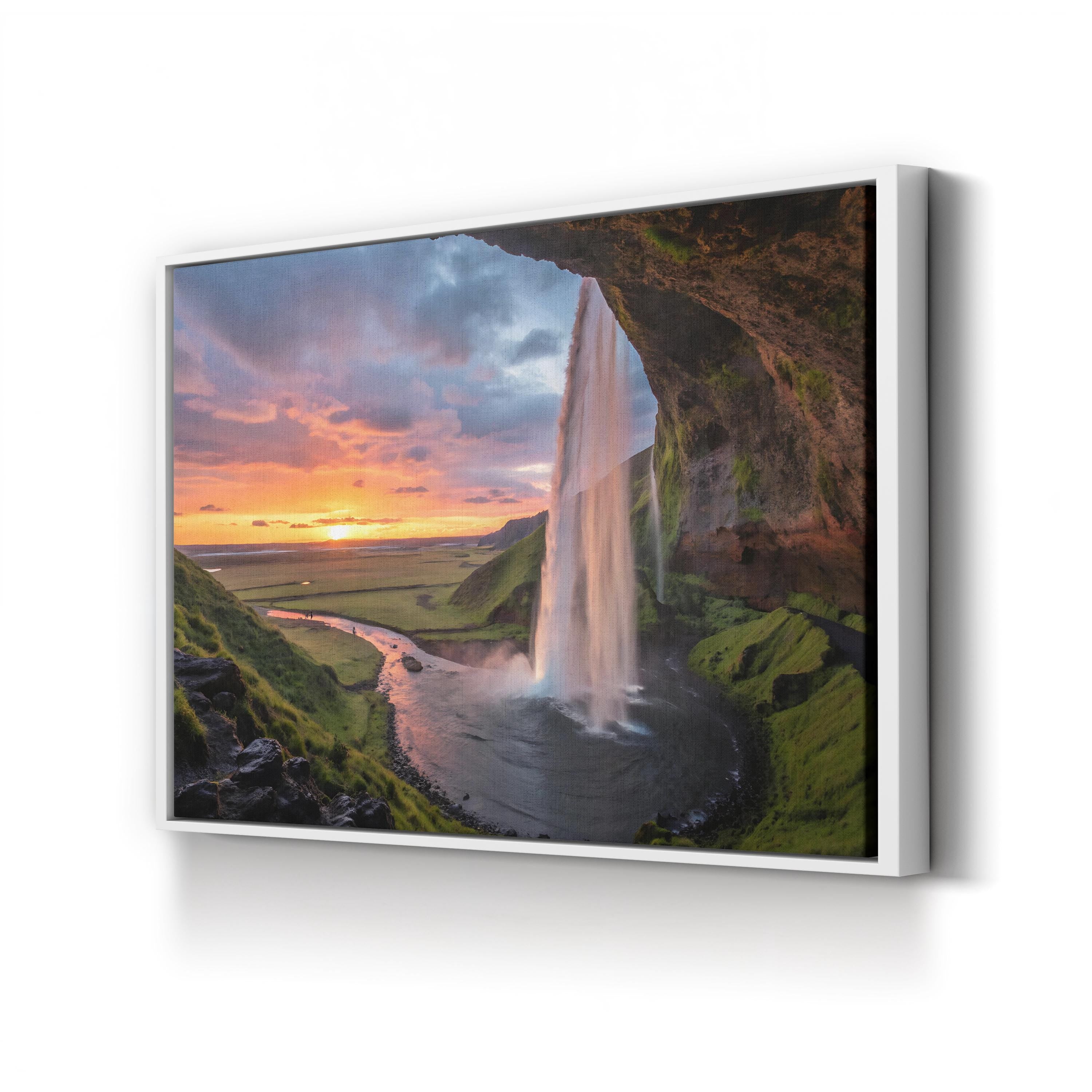 Fiery Waterfall Canvas Art — Dramatic Sunset Landscape Photography