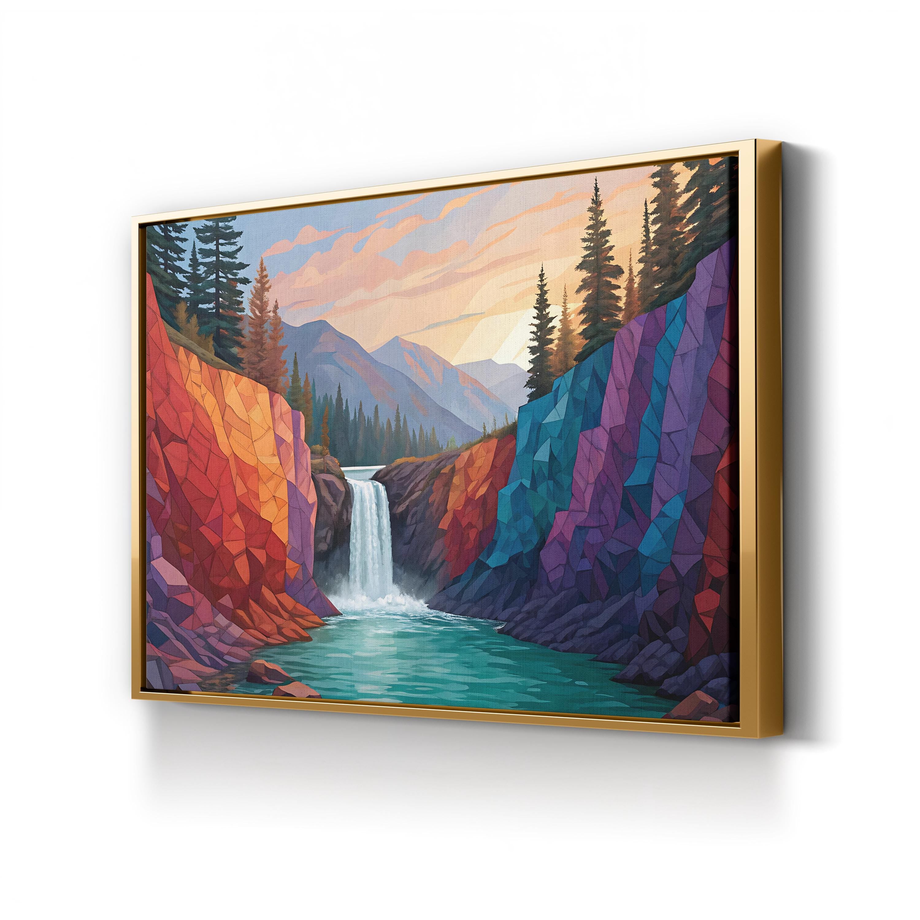 Geometric Waterfall – Period Illustration Wall Art | Abstract Landscape Canvas Print
