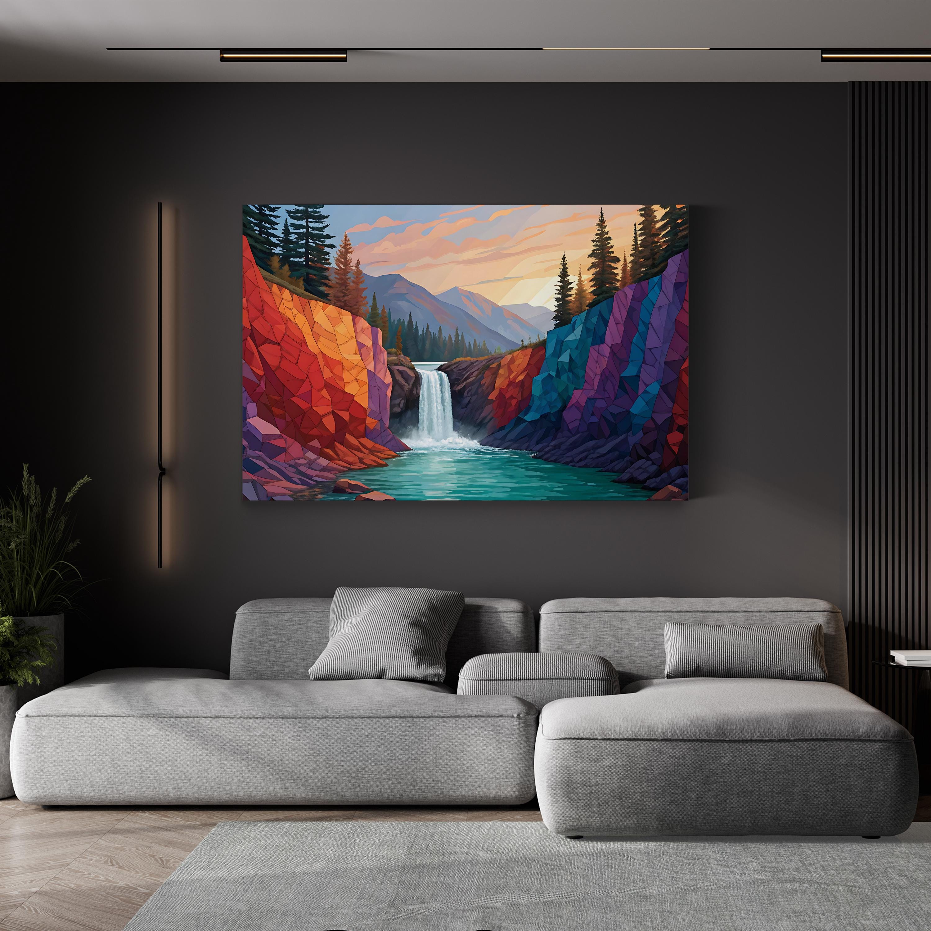 Geometric Waterfall – Period Illustration Wall Art | Abstract Landscape Canvas Print