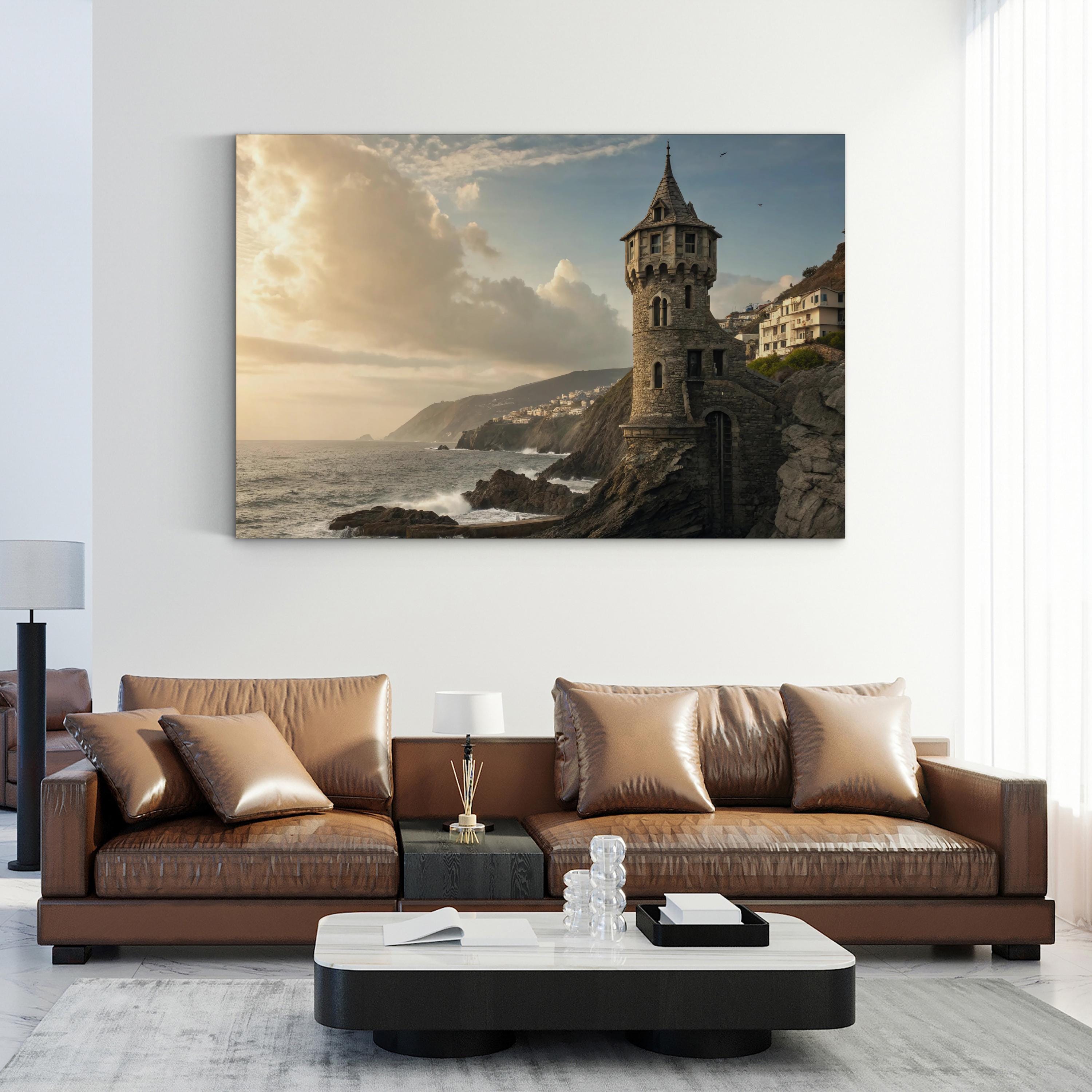 Whimsical Castle Coastal Canvas Wall Art — Storybook Beach Landscape Print