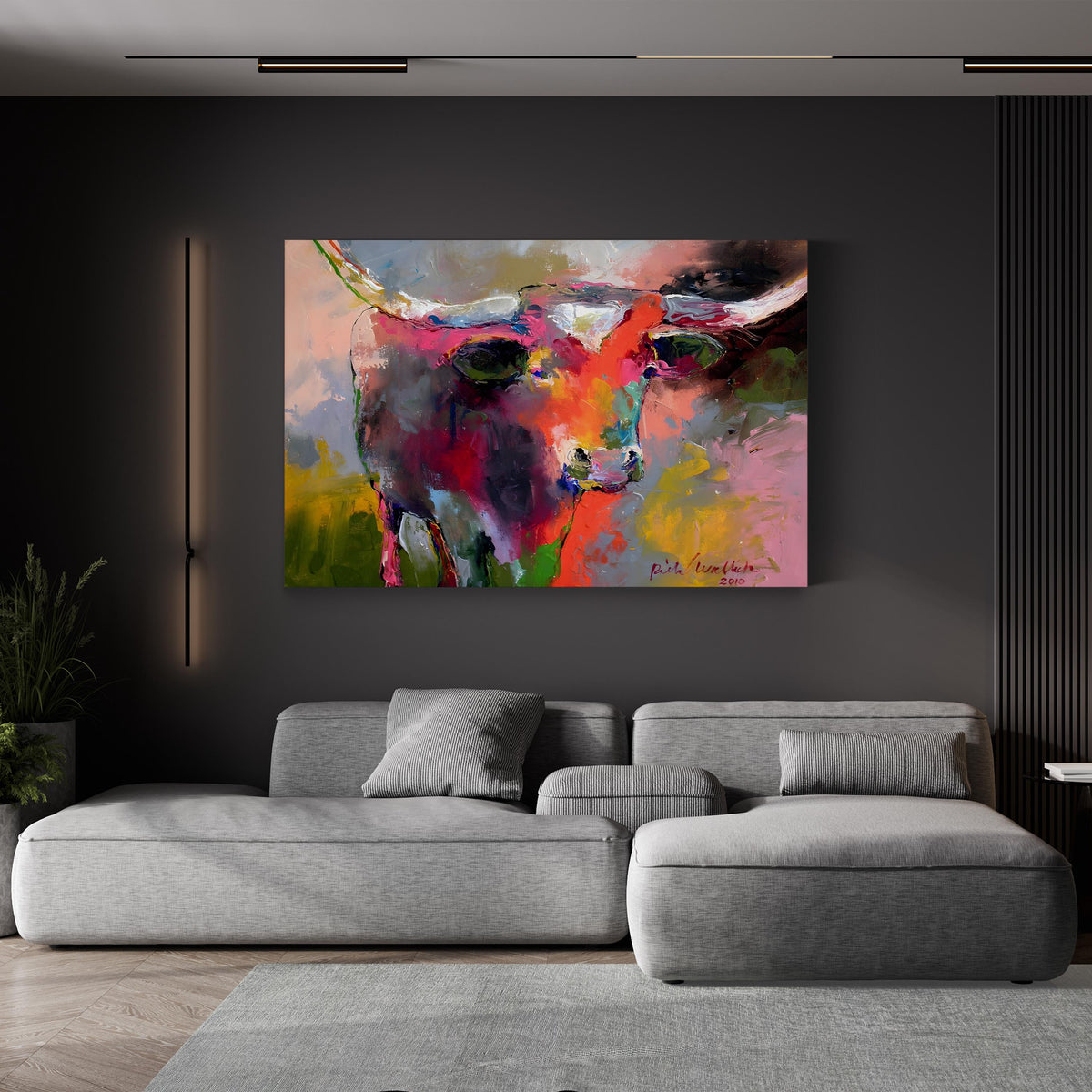 Texas Longhorn by Richard Wallich canvas print displayed in a modern living room with a gray sofa