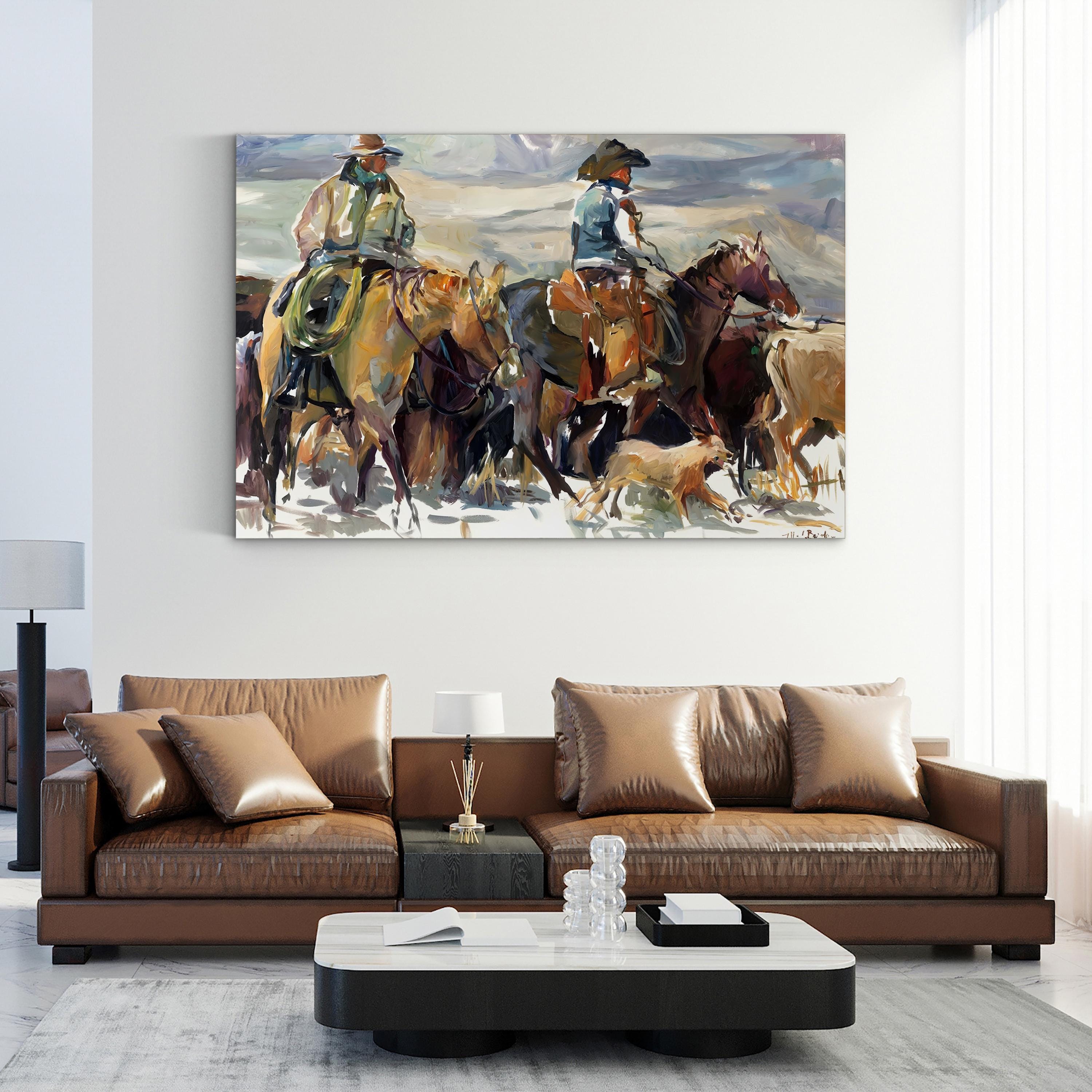 The Roundup Cowboy Landscape – Period Illustration Wall Art | Western Canvas Print