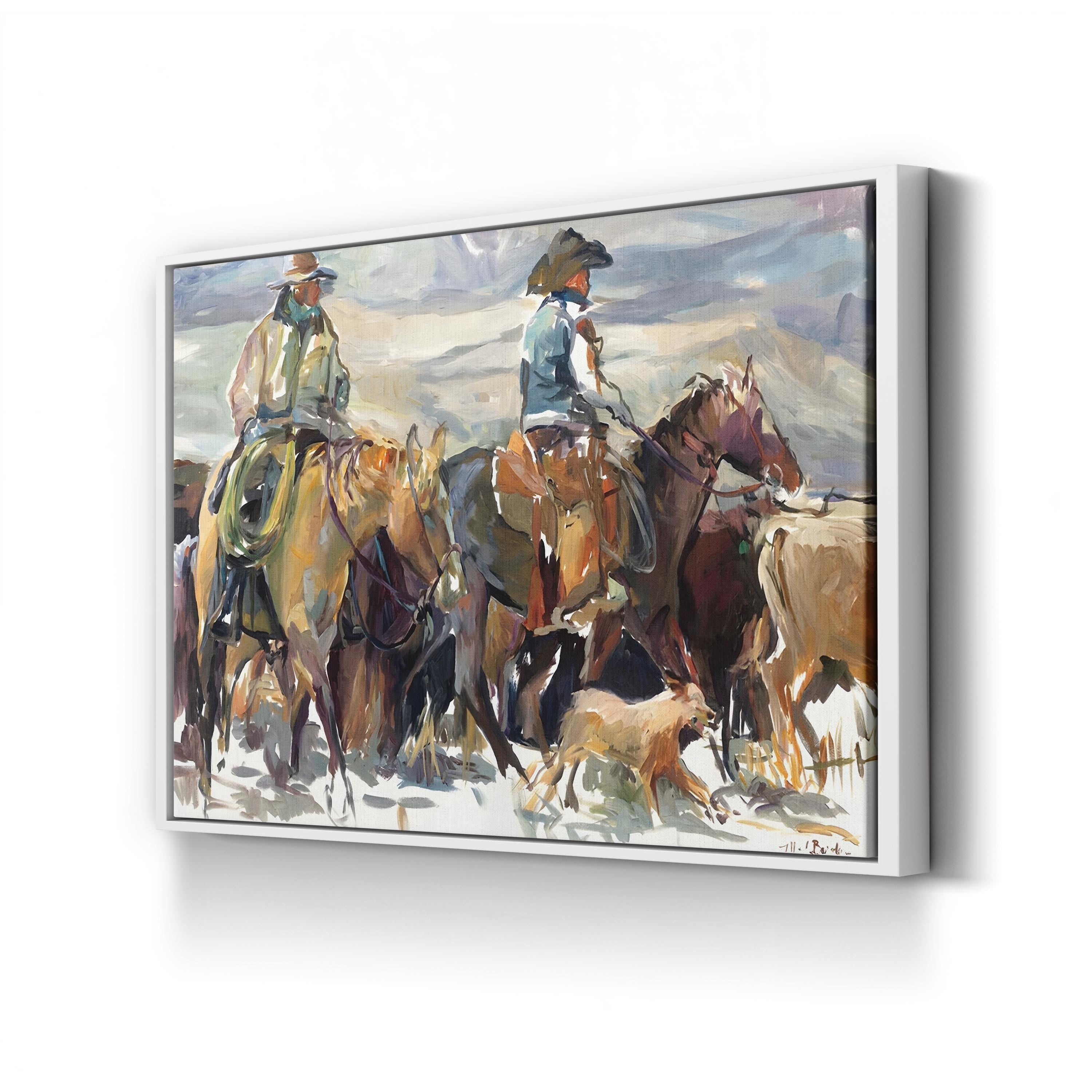 The Roundup Cowboy Landscape – Period Illustration Wall Art | Western Canvas Print